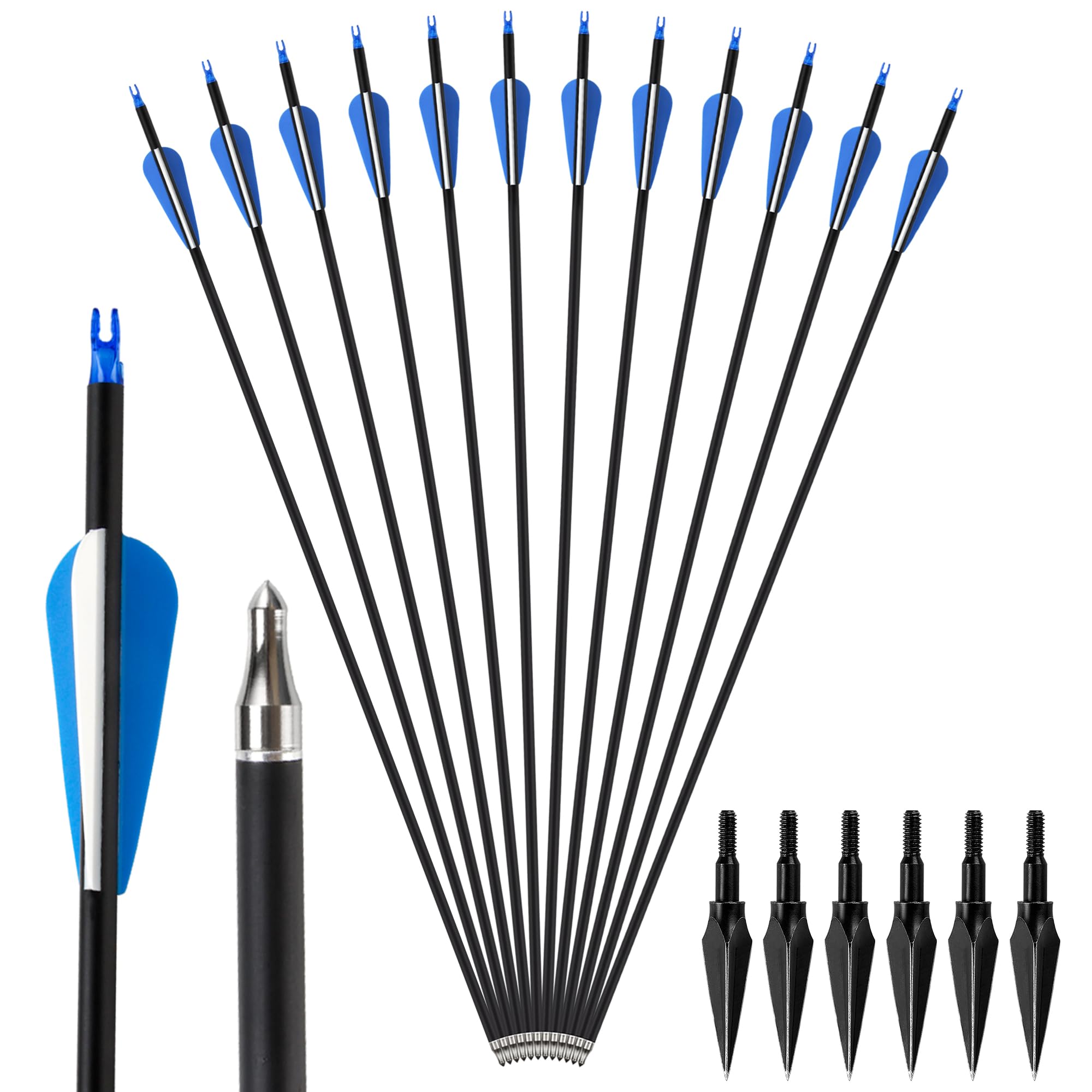 SERfawnCH 12 Carbon Arrows 6 Broadheads 30in Spine 500 Archery Hunting Target Practice Arrows for Compound Recurve Bow Removable Tips