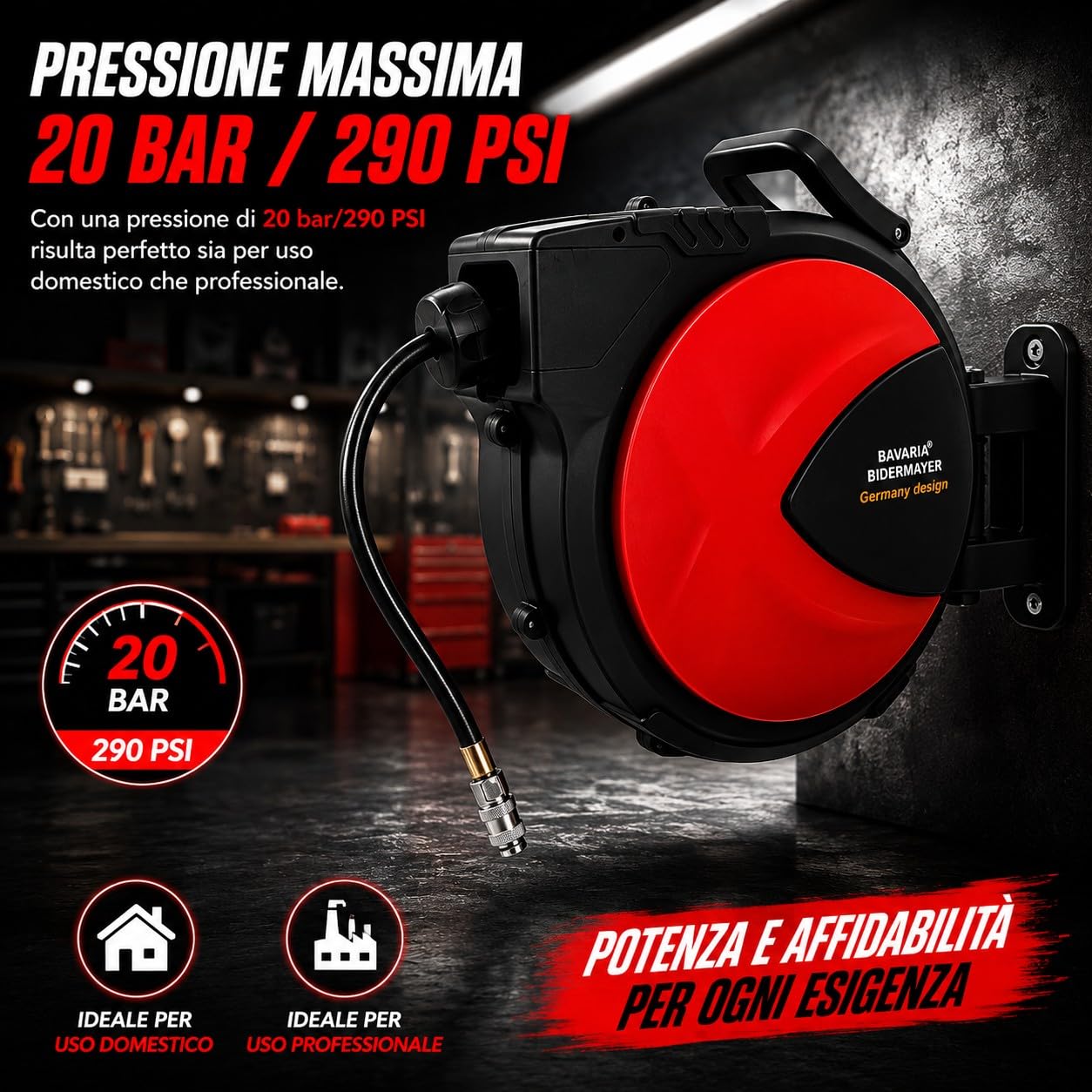 Avvolgitubo Aria Compressa Automatico 20+2 Metri 20 Bar 290 PSI Attacco Rapido 1/4" Avvolgitore Tubo Compressore Orientabile 180° da Parete per Officina Garage