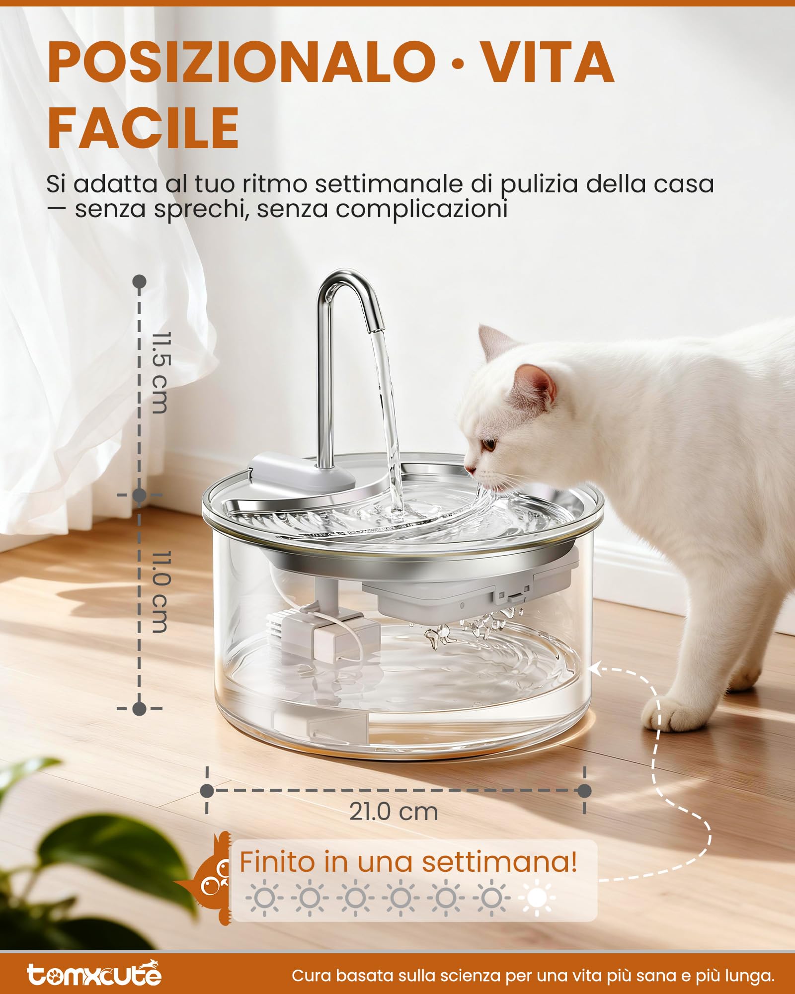 Tomxcute Fontanna dla kota szklana 2,5 l – cicha, dla 1-2 kotów, wzór stopniowy, ciepłe światło, szkło borokrzemowe, higieniczna, przeciw trądzikowi kotów