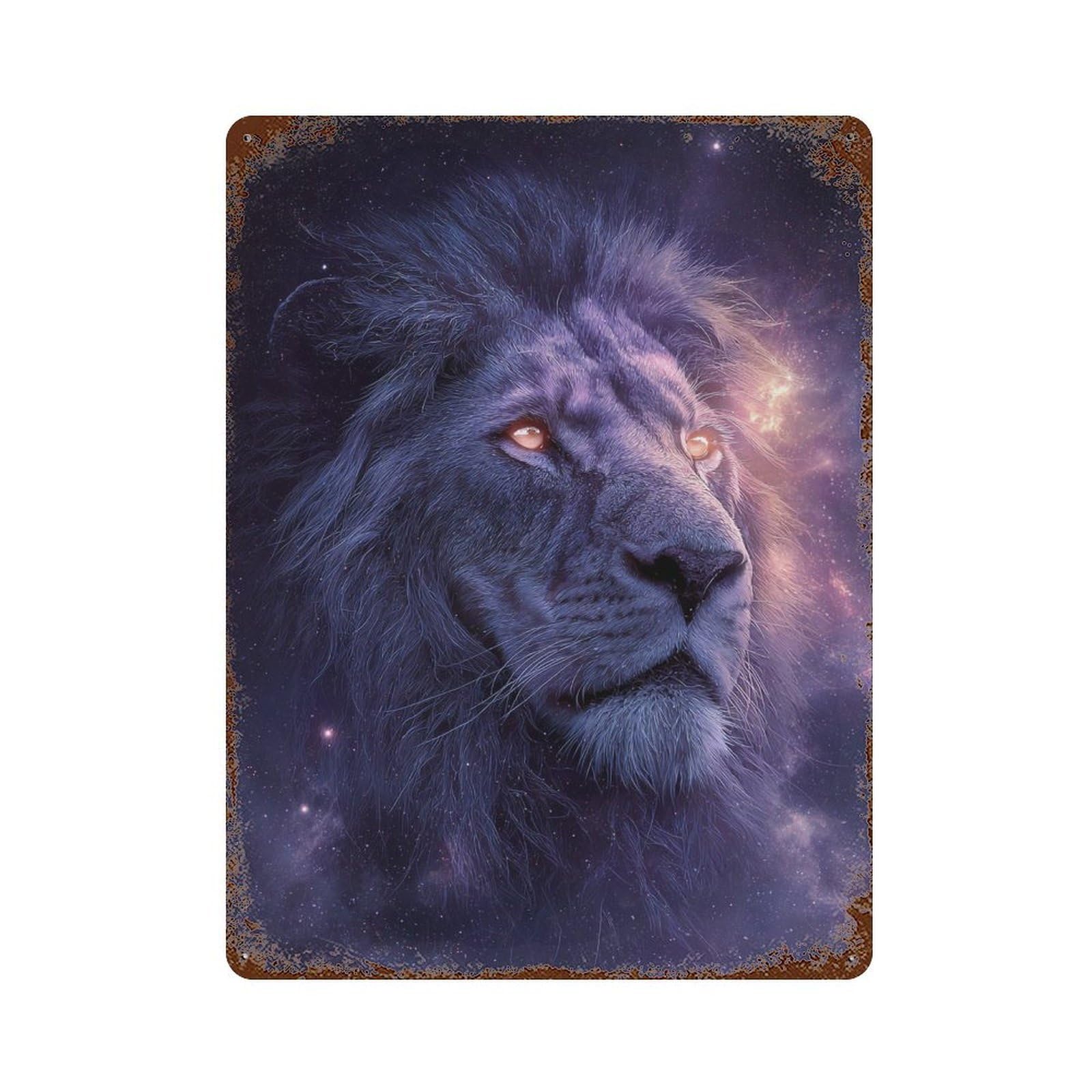 Cosmic Lion Portrait 15.7"x11.8" Rust Effect Tin Sign, Vintage Wall Decor for Farmhouse, Kitchen And Entryway Decor