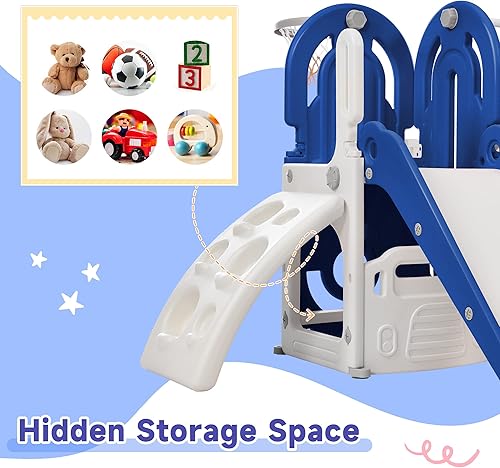 Miniatura 4 de Virubi Juego de tobogán 5 en 1 con columpio, juego de tobogán independiente para bebé con escalador, aro de baloncesto y espacio de almacenamiento,