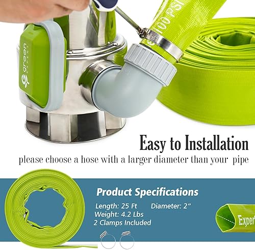 Miniatura 2 de Green Expert 527505 - Manguera de descarga plana de 2 pulgadas con abrazaderas, manguera de drenaje de agua de PVC reforzada, resistente para bombas