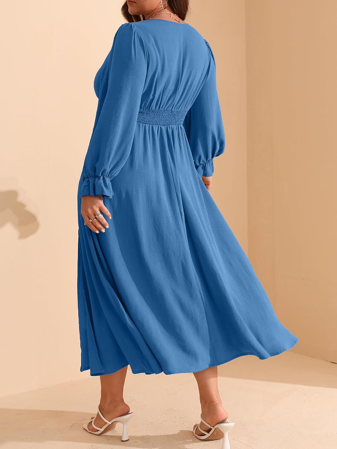 RWJ Plus Size Wedding Guest Dress for Women Deep V Neck Long Sleeve High Waist Slit Formal Cocktail Party Fall Maxi Dresses - Image 2