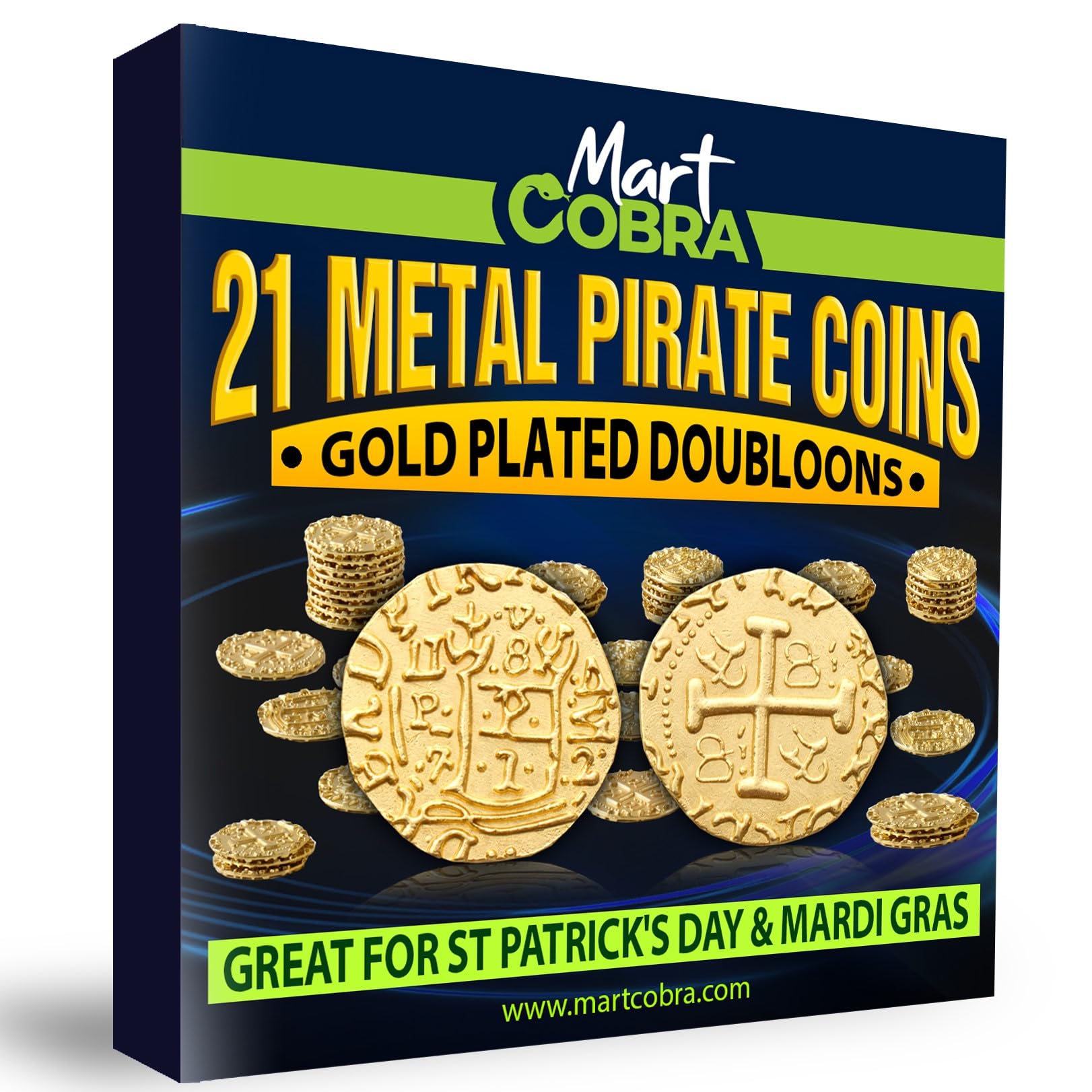 Pirate Coins Metal Gold Coins for Kids - 21 Pieces - St Patrick St Patty Day Leprechaun Fantasy Board Game Toy Doubloons Loot Tokens Monedas De Oro Pirate Props Chest Poker Set Bulk Money Medallion