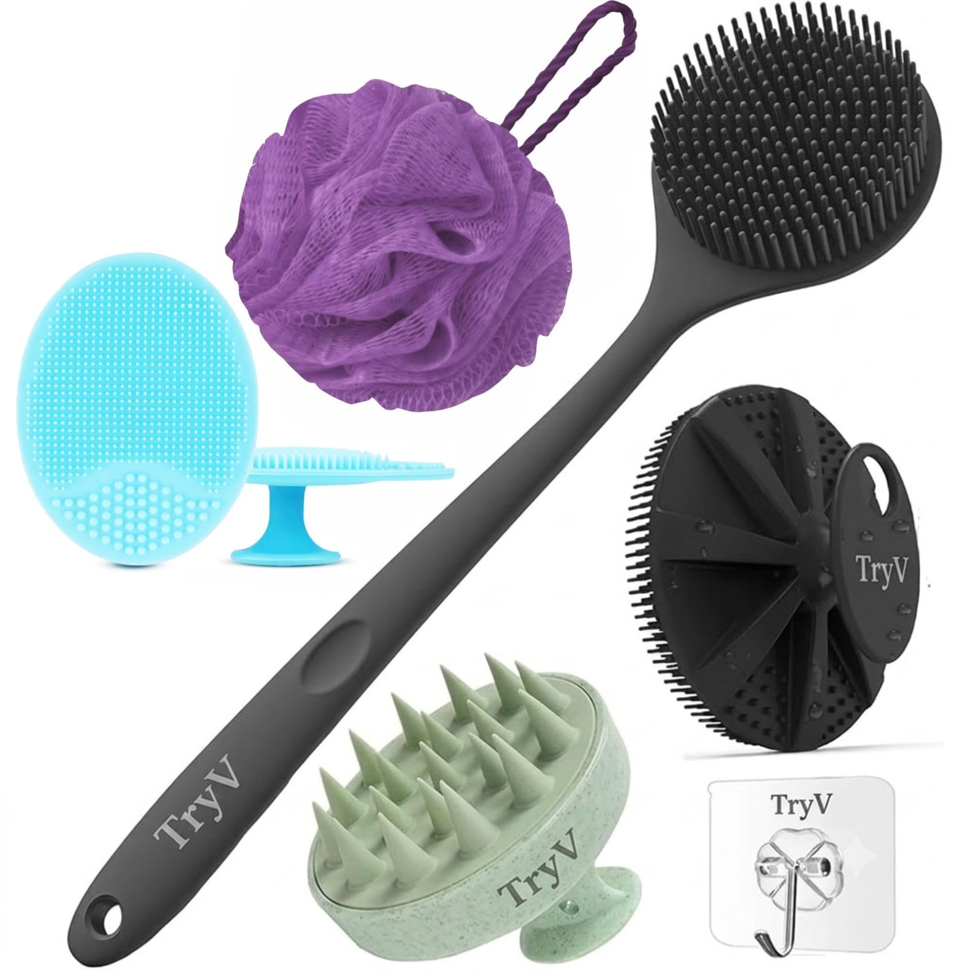 5-in-1 Silicone Bath Brush Set with Long Handle Back Scrubber, Scalp Massager Shampoo Brush, Facial Cleansing Scrubber, Exfoliating Body Brush, Bath Loofah & Wall Hook for Men Women-picture-14