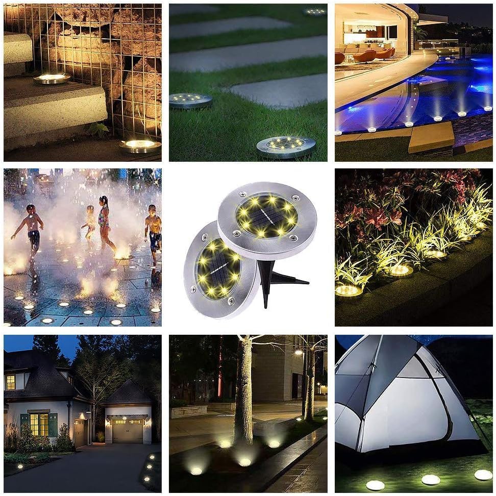 LITVERSE Solar Ground Lights, Solar Disk Lights (8 LEDs /4 Pack) Outdoor Waterproof Solar Garden Lights for Pathway Outdoor in-Ground Lawn Yard Deck Patio Walkway - Warm White