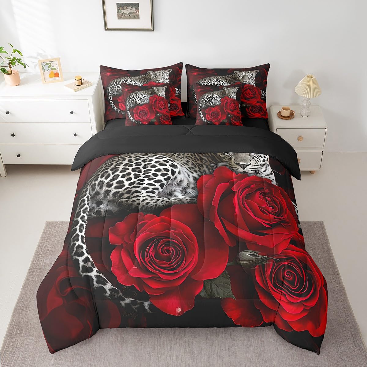 7 Piece Leopard Bed in a Bag Red Rose Flower Print Sheet Set 3D Cool Wild African Animal Cheetah Bedding Set Comforter Nature Rose Floral Leopard Fitted Sheet Romantic Theme Cushion Covers, King
