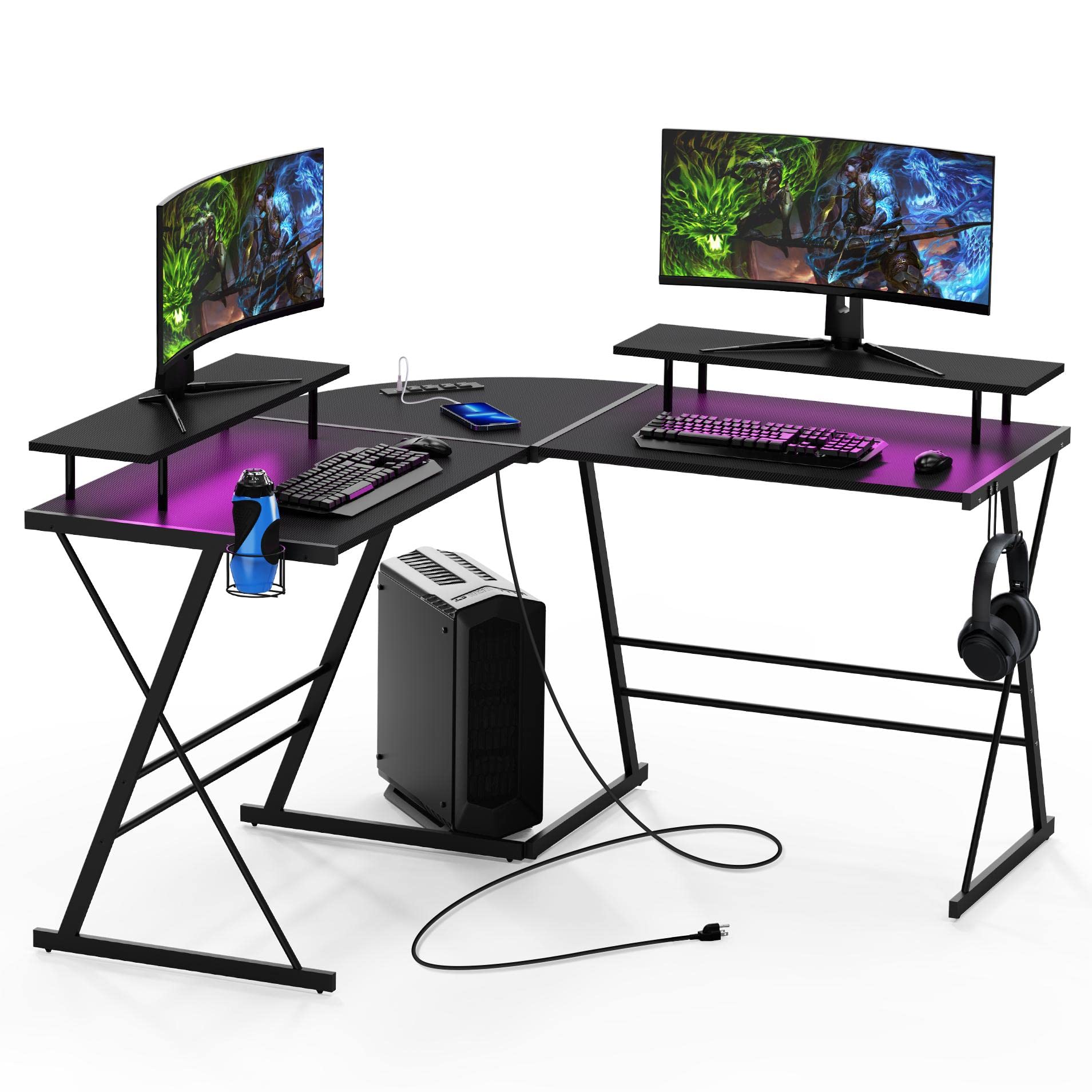 Buy Evajoy 53" Gaming Desk with LED Lights & Power Outlets, LShaped Gaming Desk Carbon Fiber