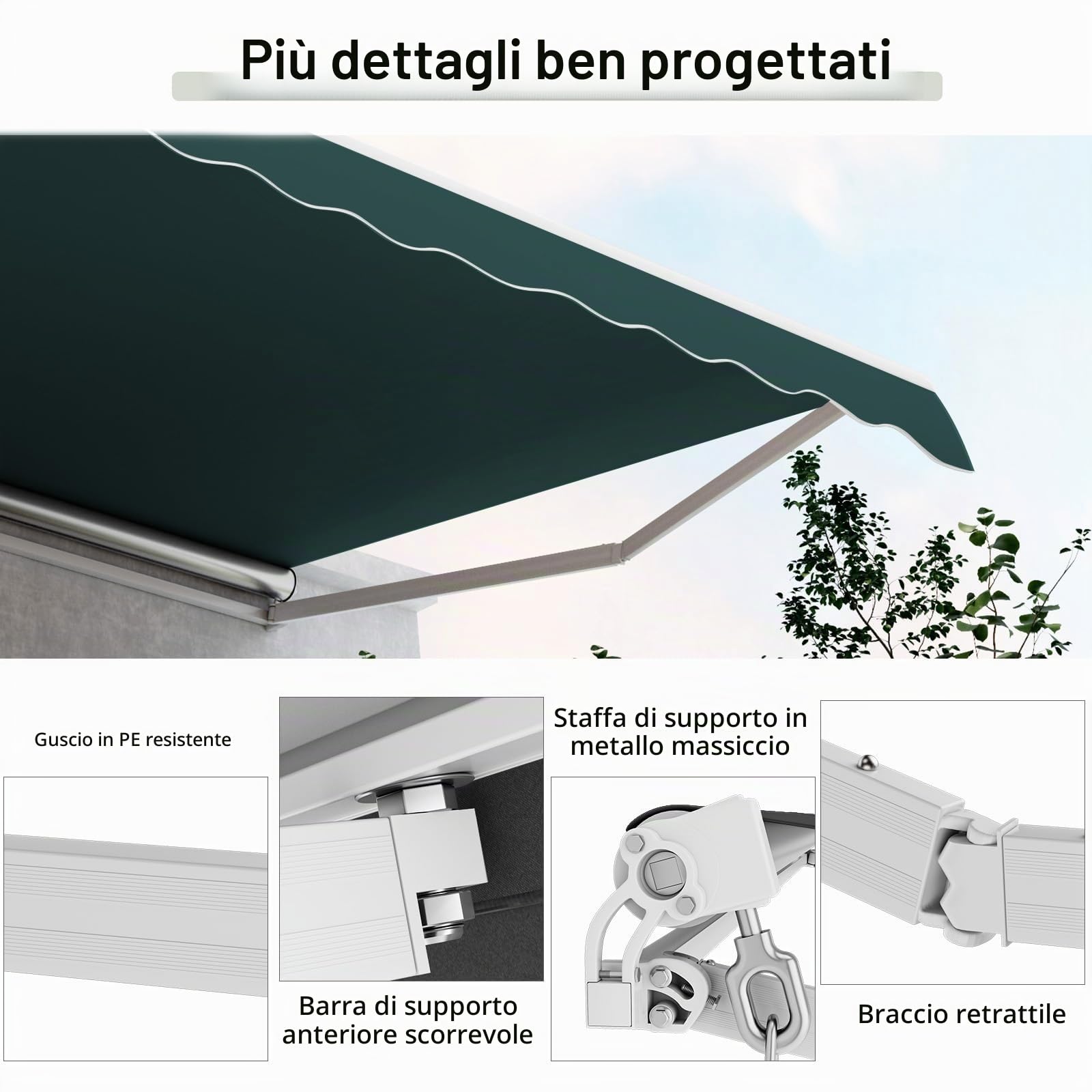 HOMASIS Tenda da Sole per Esterno, 3,6x3M, Tenda Estensibile da Veranda da Giardino, Superficie Impermeabile e Telaio in Alluminio, Tenda da Sole a Caduta per Balcone, Terrazzo (Verde)
