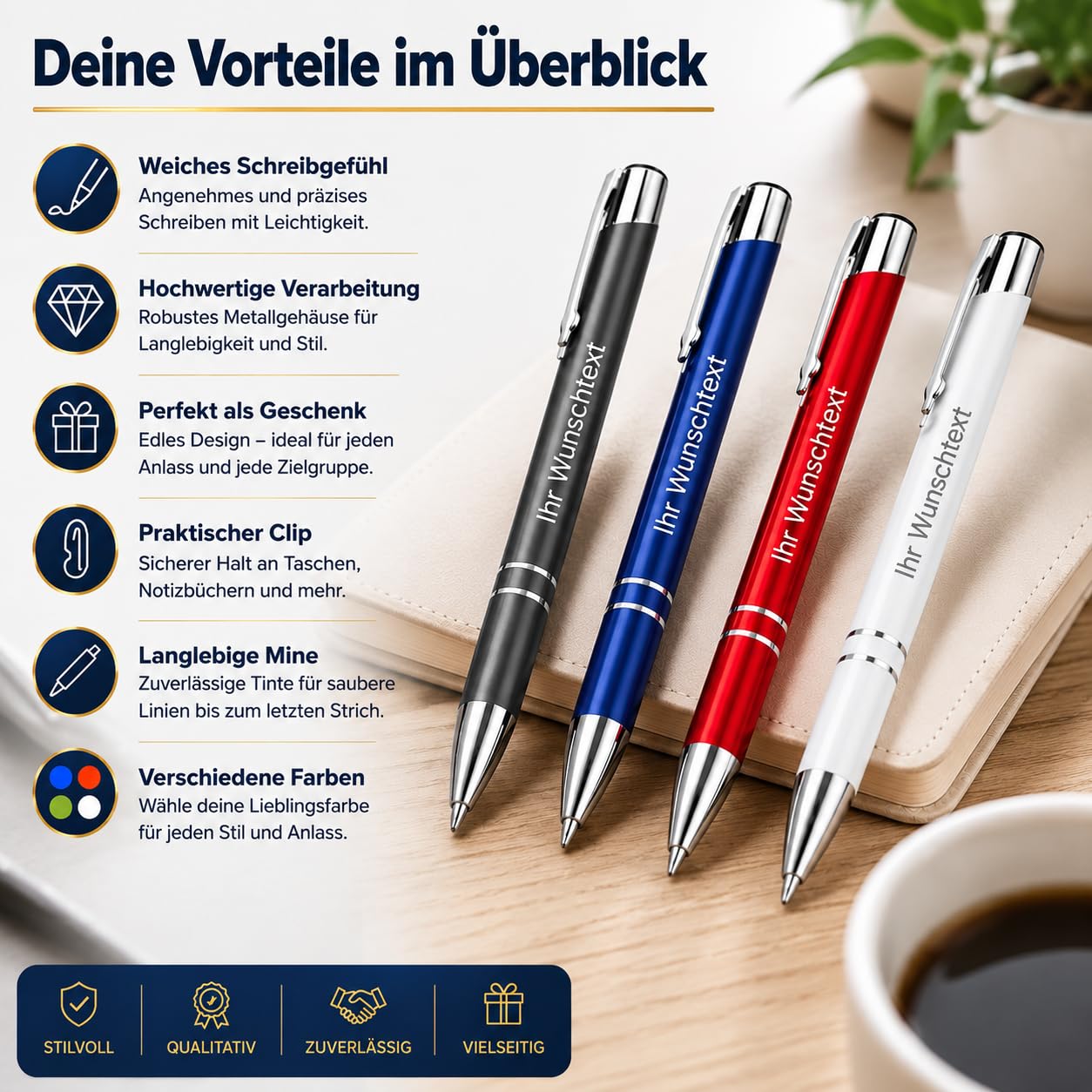 Kugelschreiber personalisiert mit Gravur – hochwertiger Metall Kuli mit Namen – blaue Tinte – eleganter personalisierter Kugelschreiber als Werbegeschenk, Set oder Einzelstück (100, Grau)