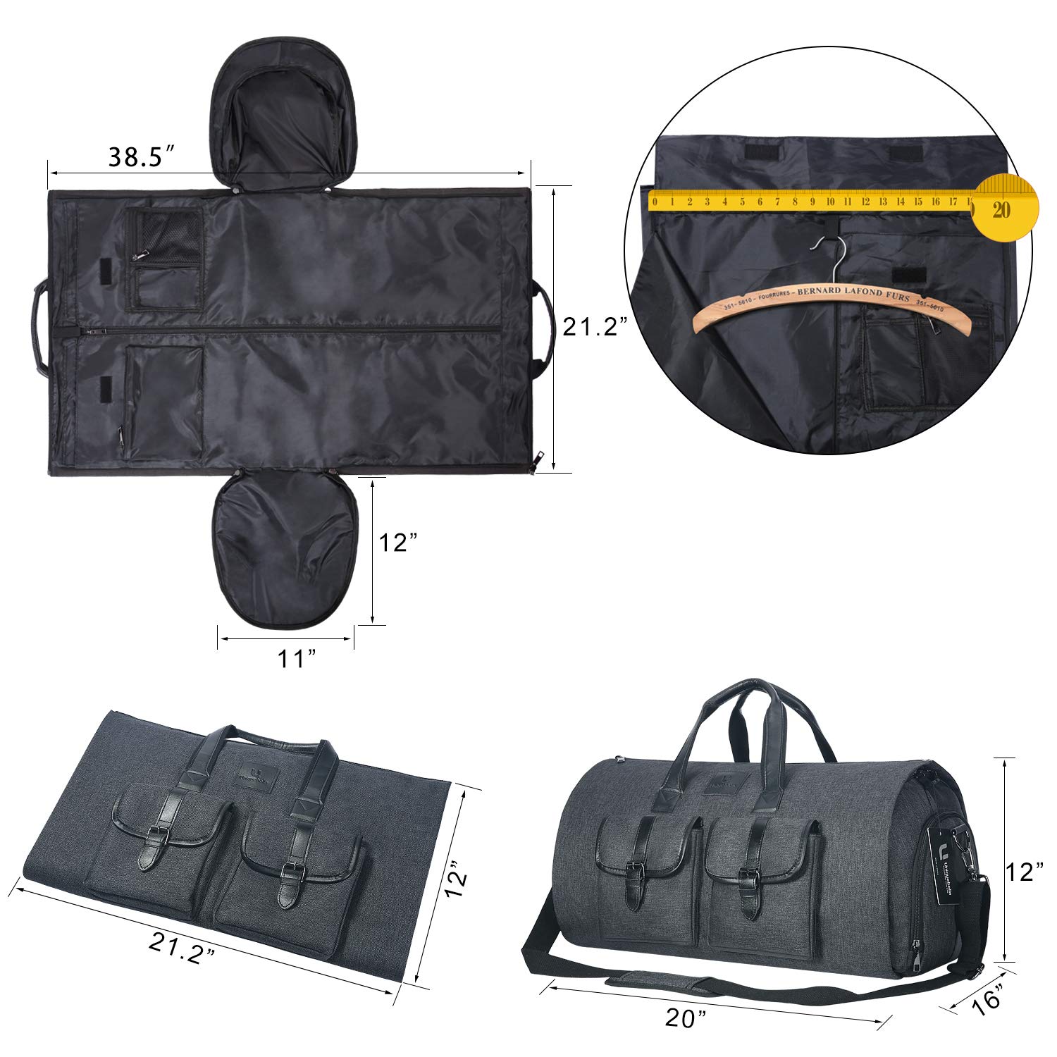 UNIQUEBELLA Housses de Costume de Voyage Housses de Vêtements pour Transport Sac de Costume Sacs de Voyage Sac de Sport Poches de Rangeme Sac de Protection pour Costumes(Gris Foncé)