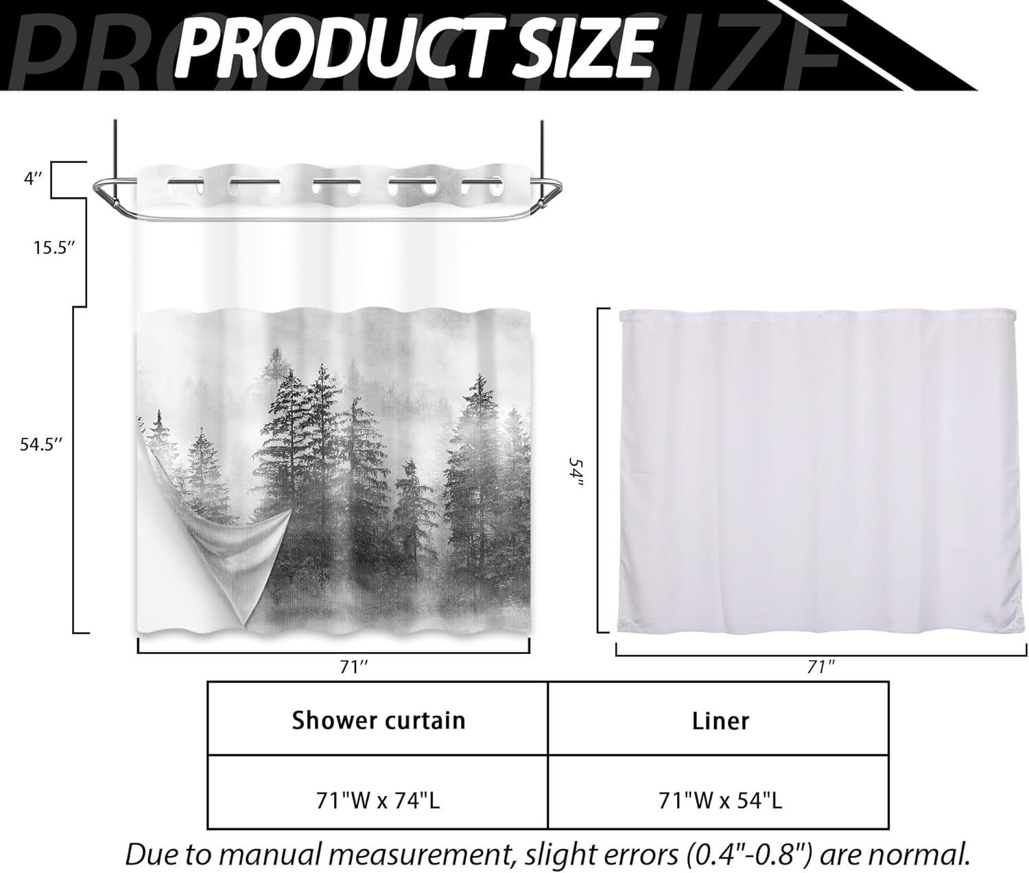Grey Forest Hookless Shower Curtain with Snap in Liner, Black and Gray Tree Mens No Hook Double Layer Shower Curtain and Liner Set, Ringless with Window Waterproof Fabric 71" W x 74" L