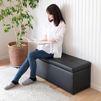 YAMAZEN Storage Stool, Double Size, 2-Seater, Bench, Storage, Ottoman, Storage Box, Chair, Synthetic Leather, Width 90 x Depth 37 x Height 40 cm, Finished Product, PVC Black, FBS-90PBK