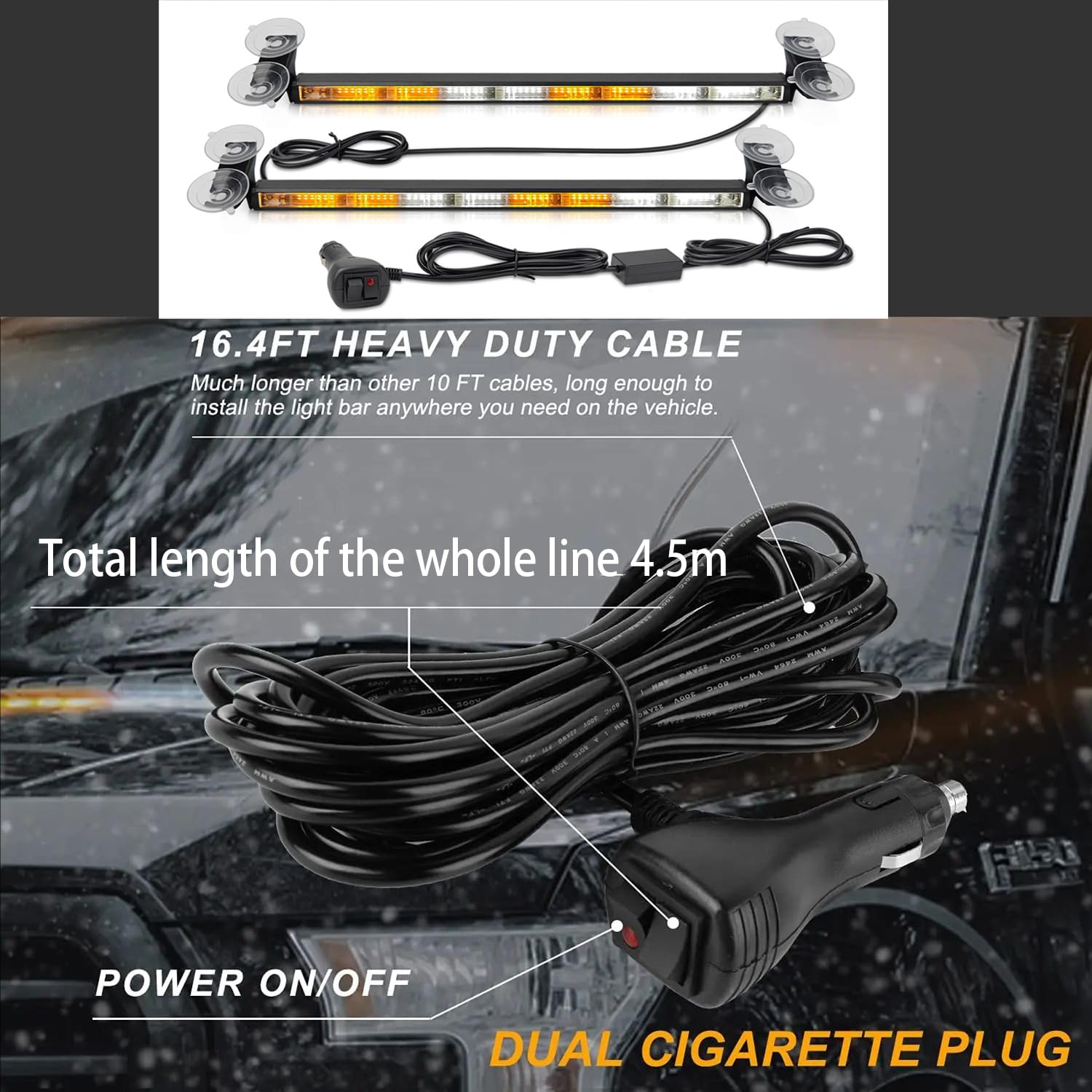 Luci a ventosa per auto,2 PCS Striscia luminosa stroboscopica,Striscia,stroboscopica IP67,23 modalità flash,Cavo di alimentazione da 4,5 m,Bianco e giallo,Per auto, camion, trattori, ecc.