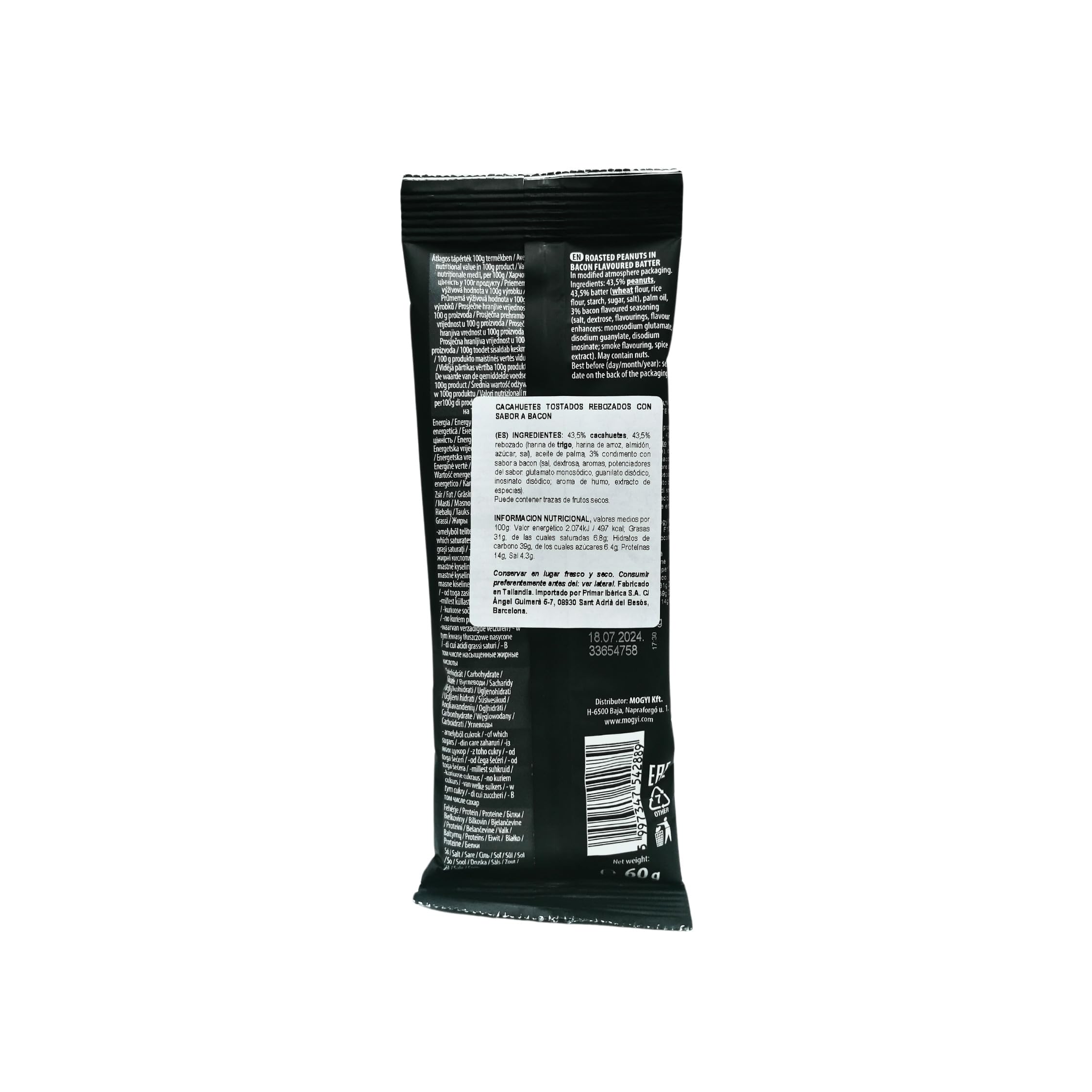 Mogyi Mix snack de Cacahuetes con sabor a Bacon, tostados y crujientes - 5 bolsitas de 60g