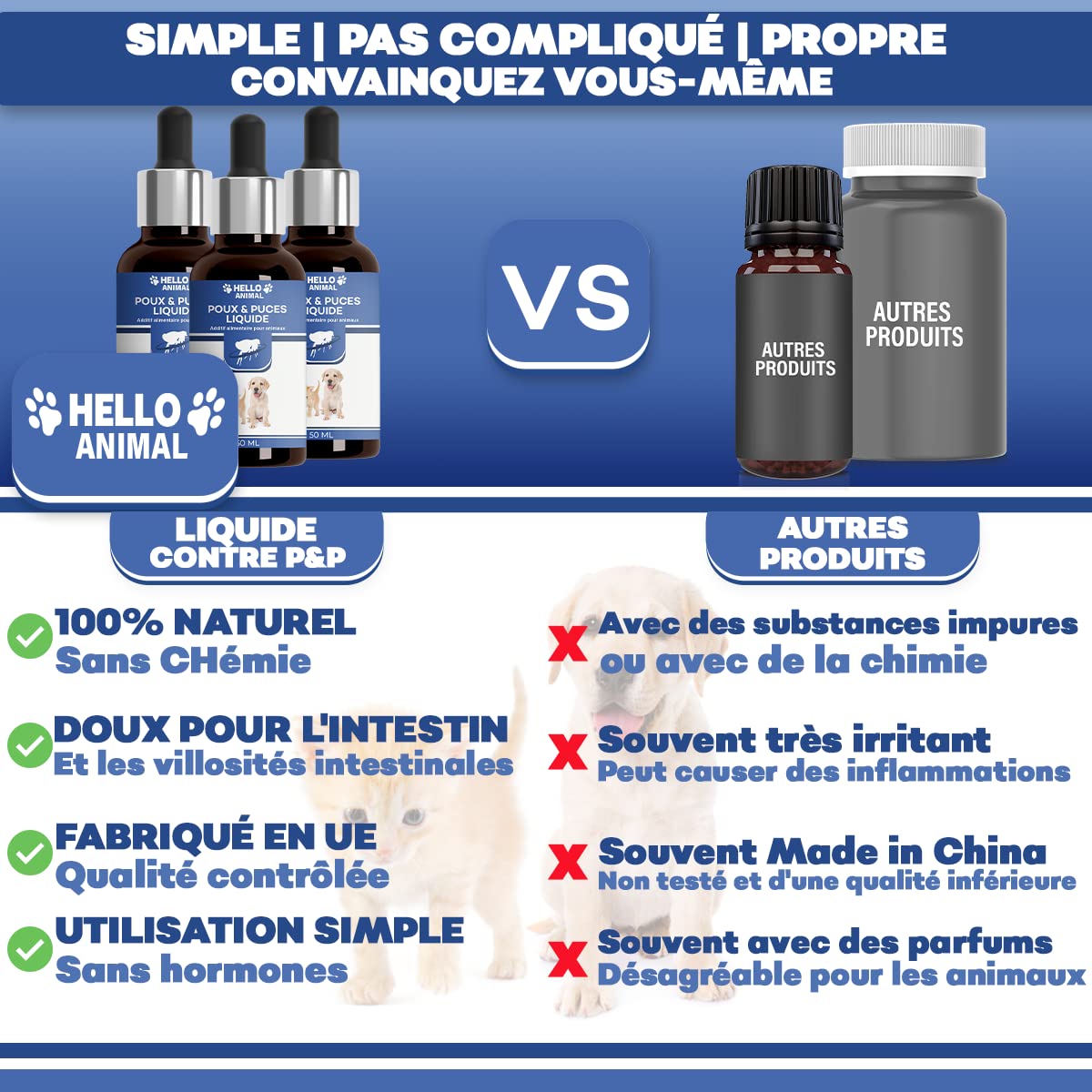 NOUVEAU : HelloAnimal POUX & PUCES Liquide pour chat et chien contre l’infestation parasitaire – combattre naturellement acariens poux & puces – EFFET IMMEDIAT ǀ 50 ml