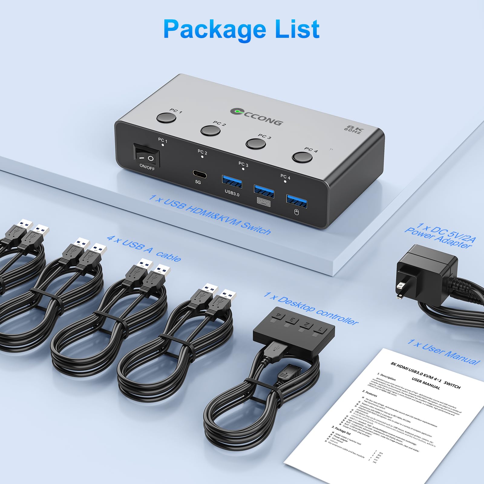Przełącznik KVM 5G USB3.0 HDMI 8K przy 60 Hz do 4 komputerów, udostępnianie 1 monitora, przełącznik KVM 4 porty z 3 portami USB 3.0 + 1 portami USB-C do udostępniania myszy klawiatury, obsługa