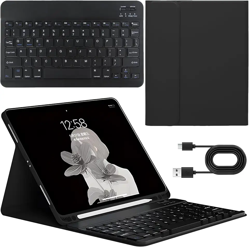 Capa com Teclado Universal para iPad 10.2” (7ª/8ª/9ª Geração), iPad Air 3 (10.5”) e iPad Pro 10.5” (2017) - Teclado Bluetooth Destacável com Porta-Lápis, Capa Fólio Protetora (Preto)