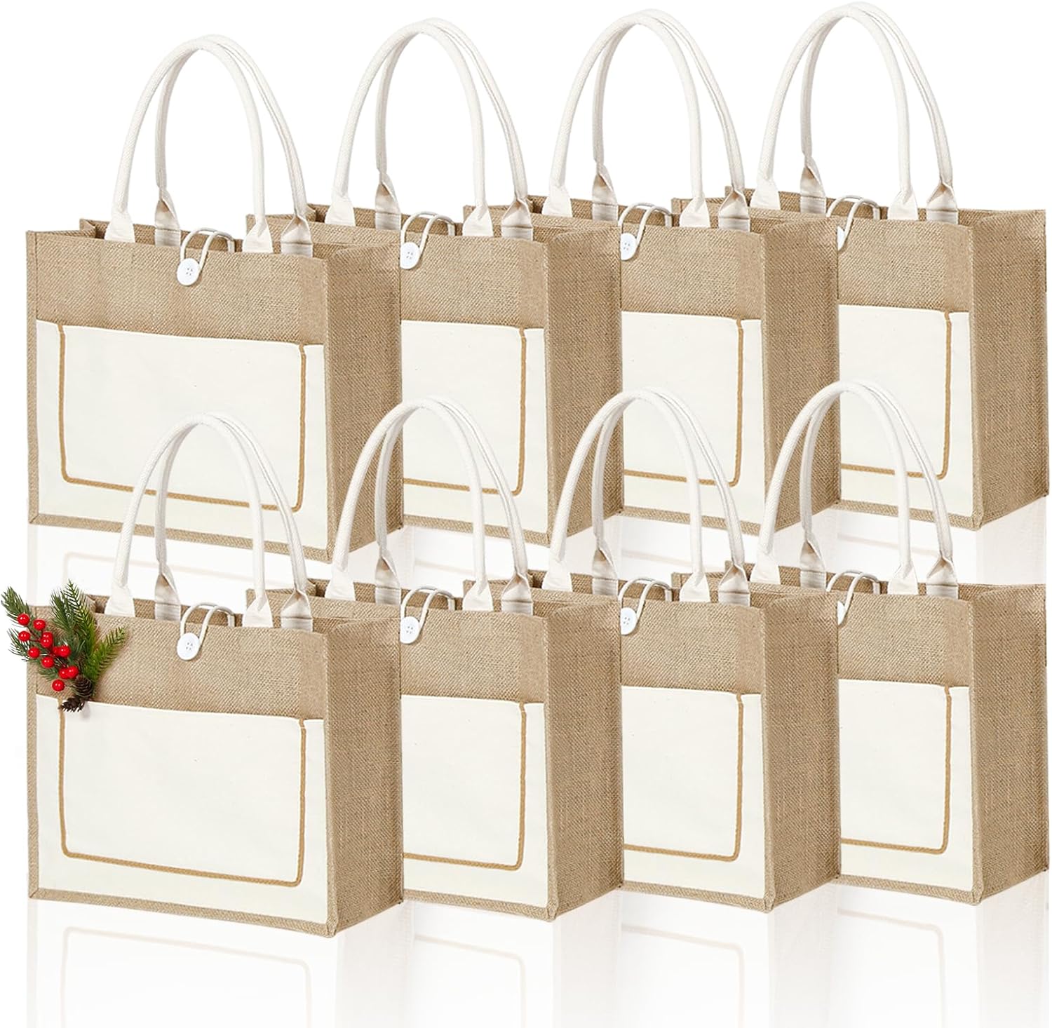 8 pcs Reusable Jute Tote Bags Bulk with Handles, 16.53 x 12.63 x 5.53 inch Natural Gift Burlap Tote bags Bulk for Grocery Shopping Weddings Travel Beach,Bachelorette Parties & DIY Embroidery