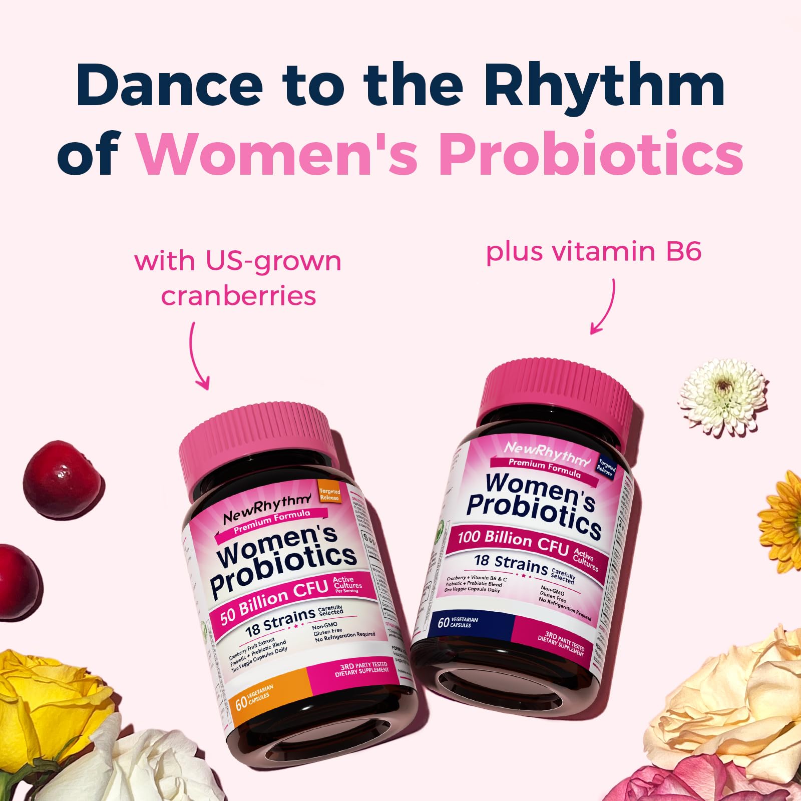 NewRhythm Women's Probiotics, Organic Cranberry for Women's Vaginal Health, 50 Billion CFU 18 Strains, Probiotics and Prebiotics, Support Digestive Health, 60 Vegan Capsules