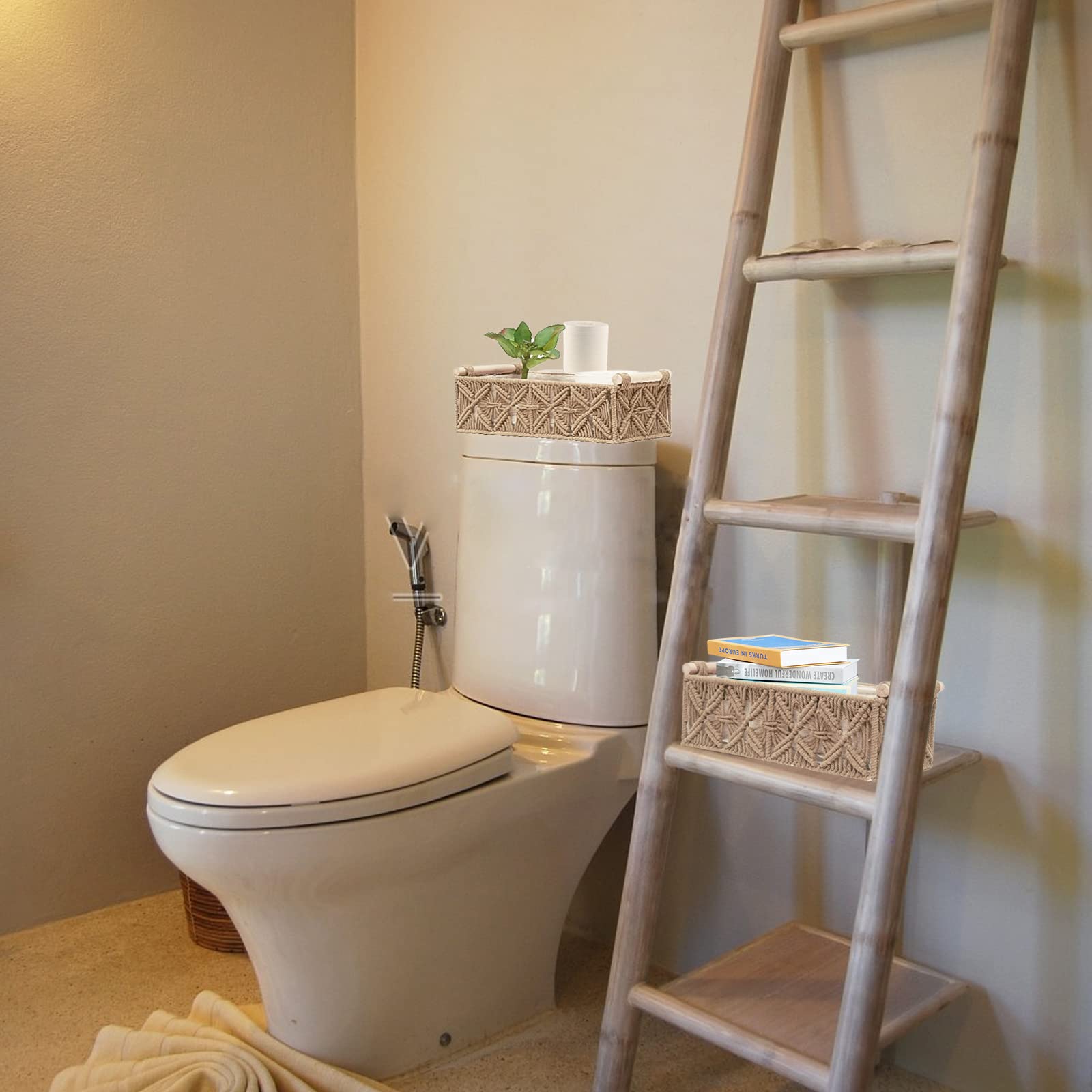 Cesta de almacenamiento de macramé, estilo boho, para organizar, tejidas, para papel higiénico y cisterna de inodoro, decoración del hogar con asa, para baño y cuarto infantil, set de 2