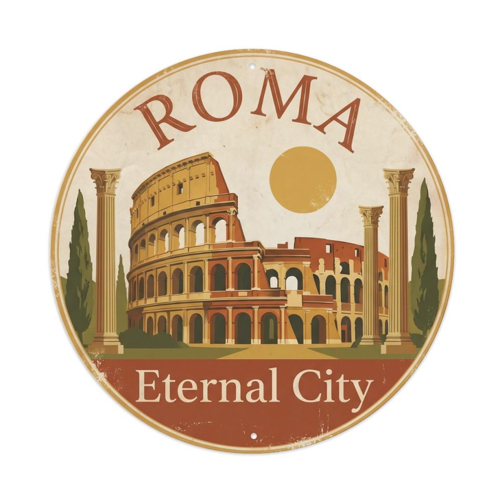 Vintage Travel Rome Colosseum Ancient Metal Tin Sign Plaque Wall Decor for Cafe, Club Bar, Office, Home Garden Round Metal Poster 8x8Inch