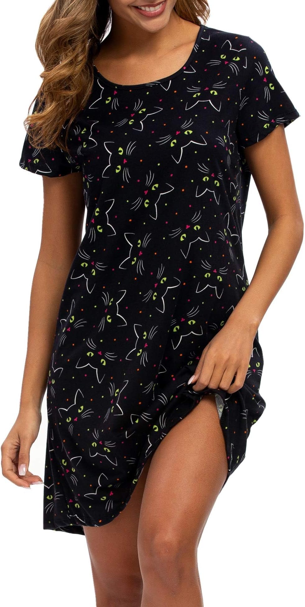Nightgown for Women Cotton Short Sleeve Nightshirts Casual Print Sleepwear