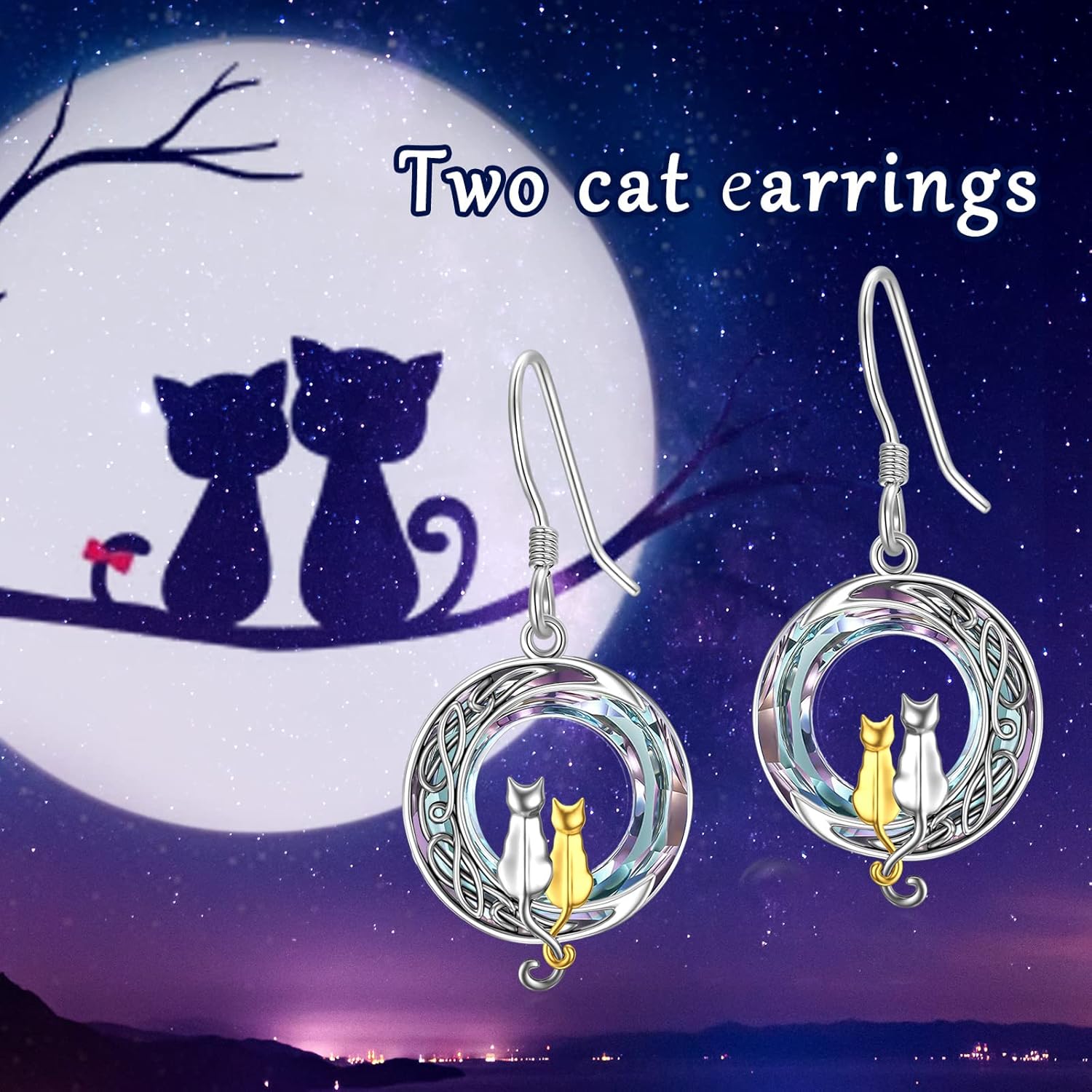 TOUPOP Cat on the Moon Earrings Sterling Silze Cut Animal Cat Dangel Drop Earrings with Circle Crystal Christmas Valentines Birthday Mothers Day Jewelry Gifts for Women Cat Lovers
