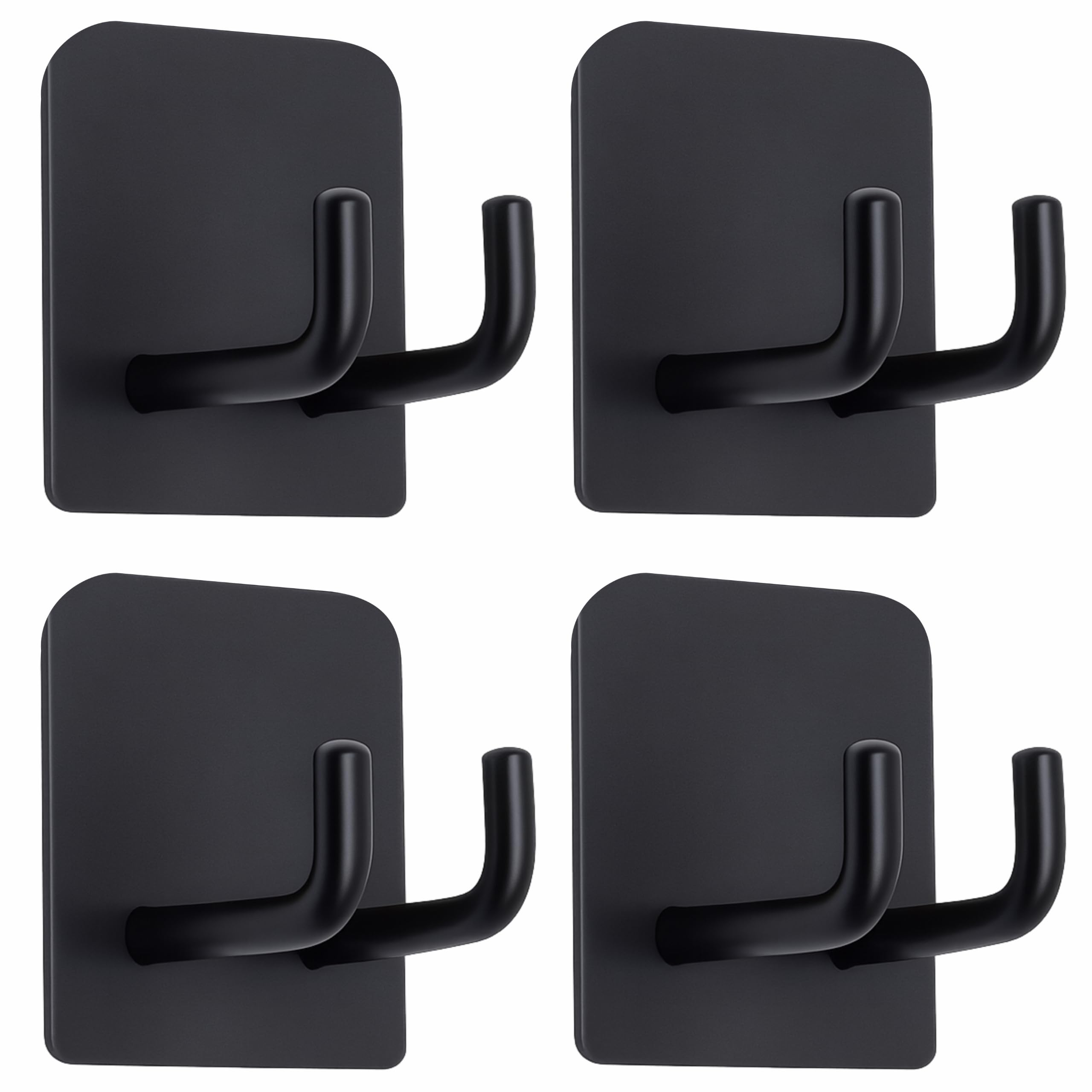 JIALTO 4 pcs Self-Adhesive Stainless Steel Hooks: Heavy-Duty Wall Hangings, Waterproof & Drill-Free - Strong Towel, Coat, and Kitchen Hooks for Bathroom and Kitchen (Double J Hook Black)