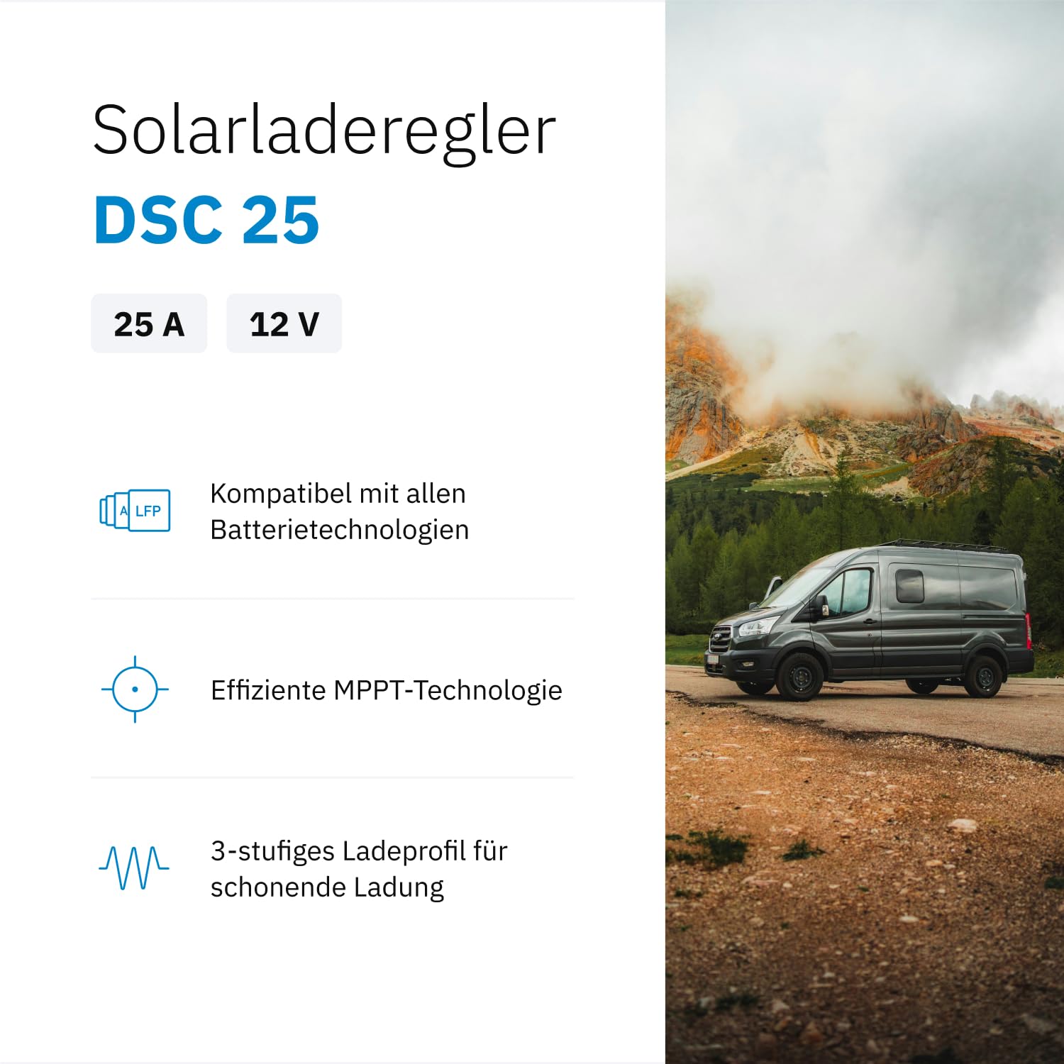 ECTIVE - DSC 25 MPPT Dual Solarladeregler 12V 25A – bis 50V, 350 Wp kompatibel mit LiFePO4/AGM/GEL/Nass – Für Bord- und Starterbatterie in Wohnmobil, Camper, Caravan, Boot