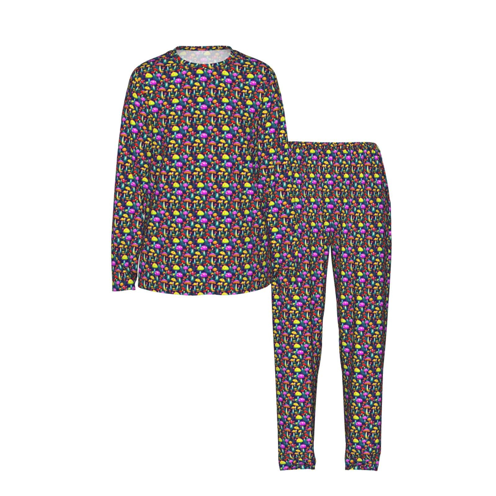 Bright Funghi Stampa artistica da donna a maniche lunghe pigiama coordinato morbido spiaggia vacanza biancheria da notte regalo casual