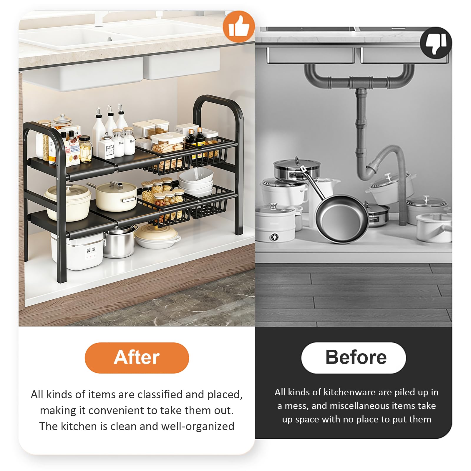 Organizer per armadio a 2 ripiani, regolabile in altezza, larghezza estensibile (68-91 cm), con 4 cesti rimovibili, pareti laterali rimovibili, organizer per armadio per cucina e bagno