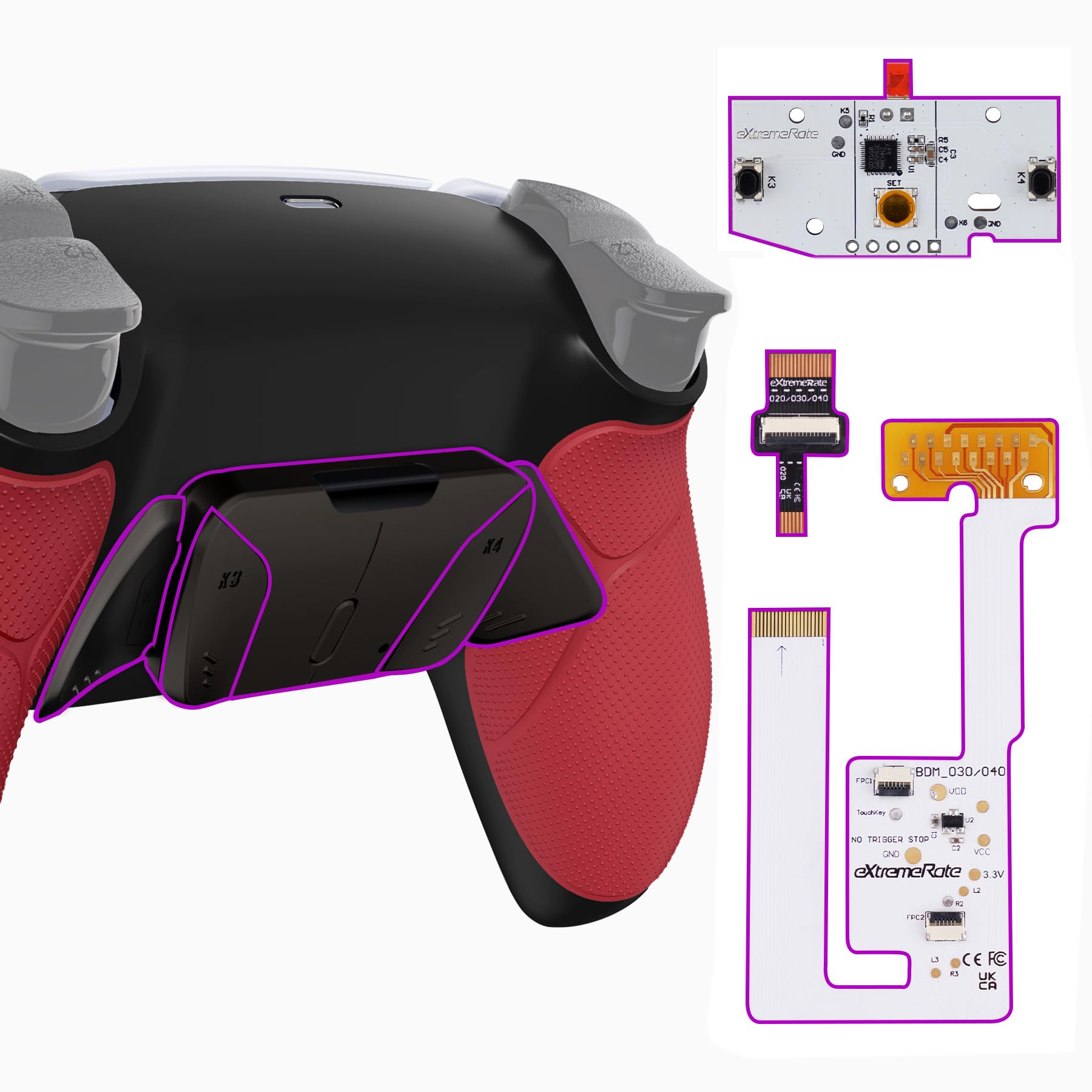 eXtremeRate Rise4 V3 Remap Kit Metallo per ps5 Controller BDM-030/040/050,Tasti Aggiuntivi Programmabili,Palette Back Button Paddles Cover Grip Gommato per ps5 Joystick-Nero Rosso