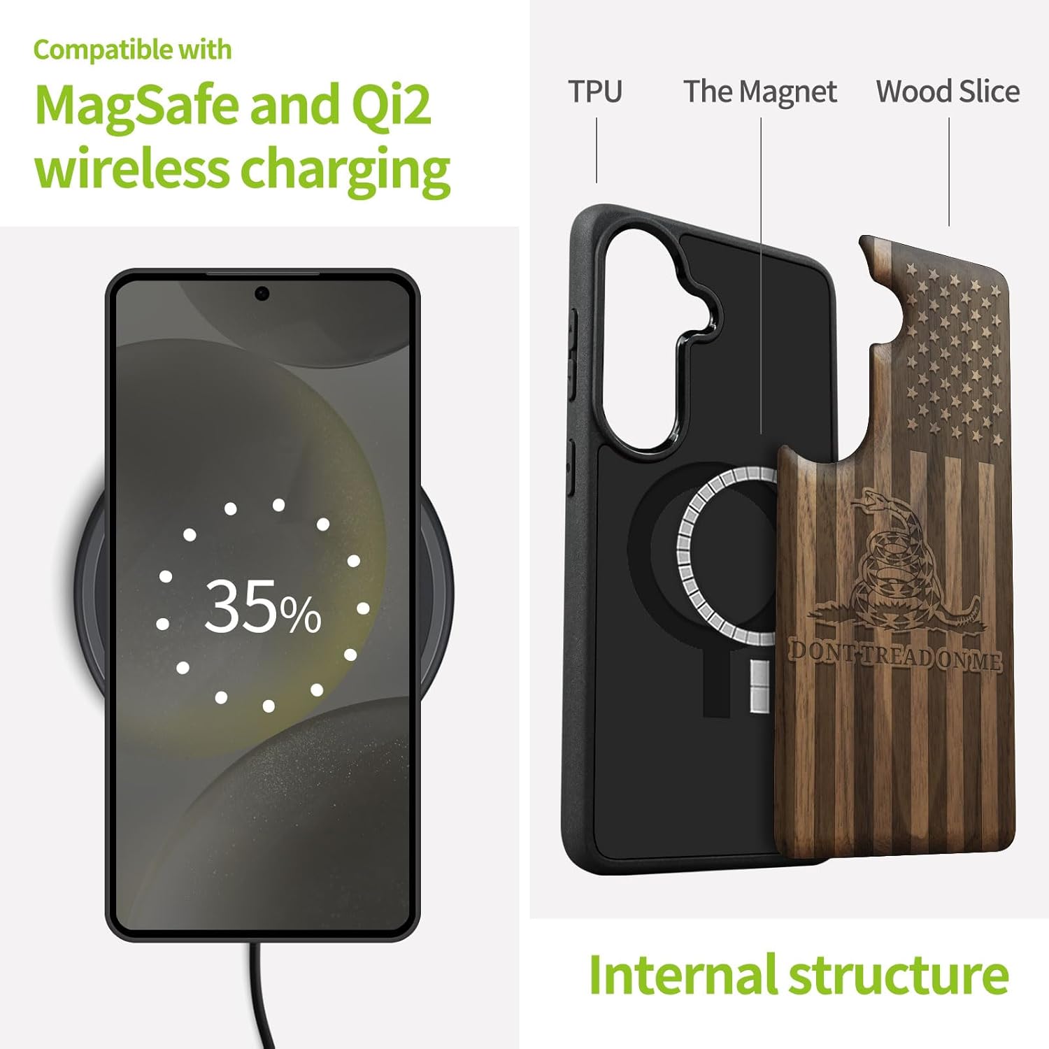Carveit Magnetic Wooden Case for Samsung Galaxy S26 Case 2026, TPU Shockproof Cover & Wood Artisan Engraved, Compatible with MagSafe Wireless Chargers (Gadsden and the American Flag) Walnut