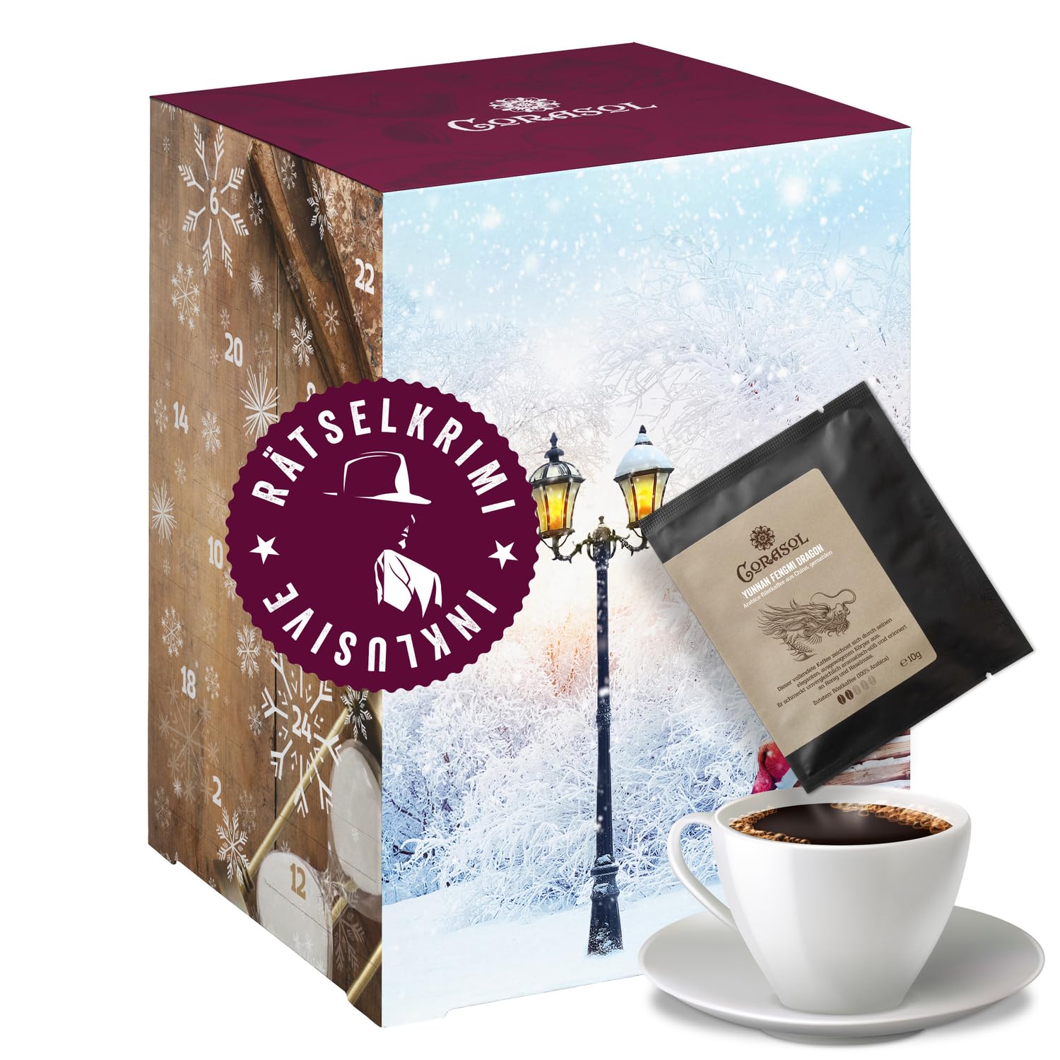 Corasol Premium Krimi & Kaffee Adventskalender 2025 mit Rätsel-Krimi: Entführung im Hyde Park & 24 Kaffees in Coffeebags (240 g)