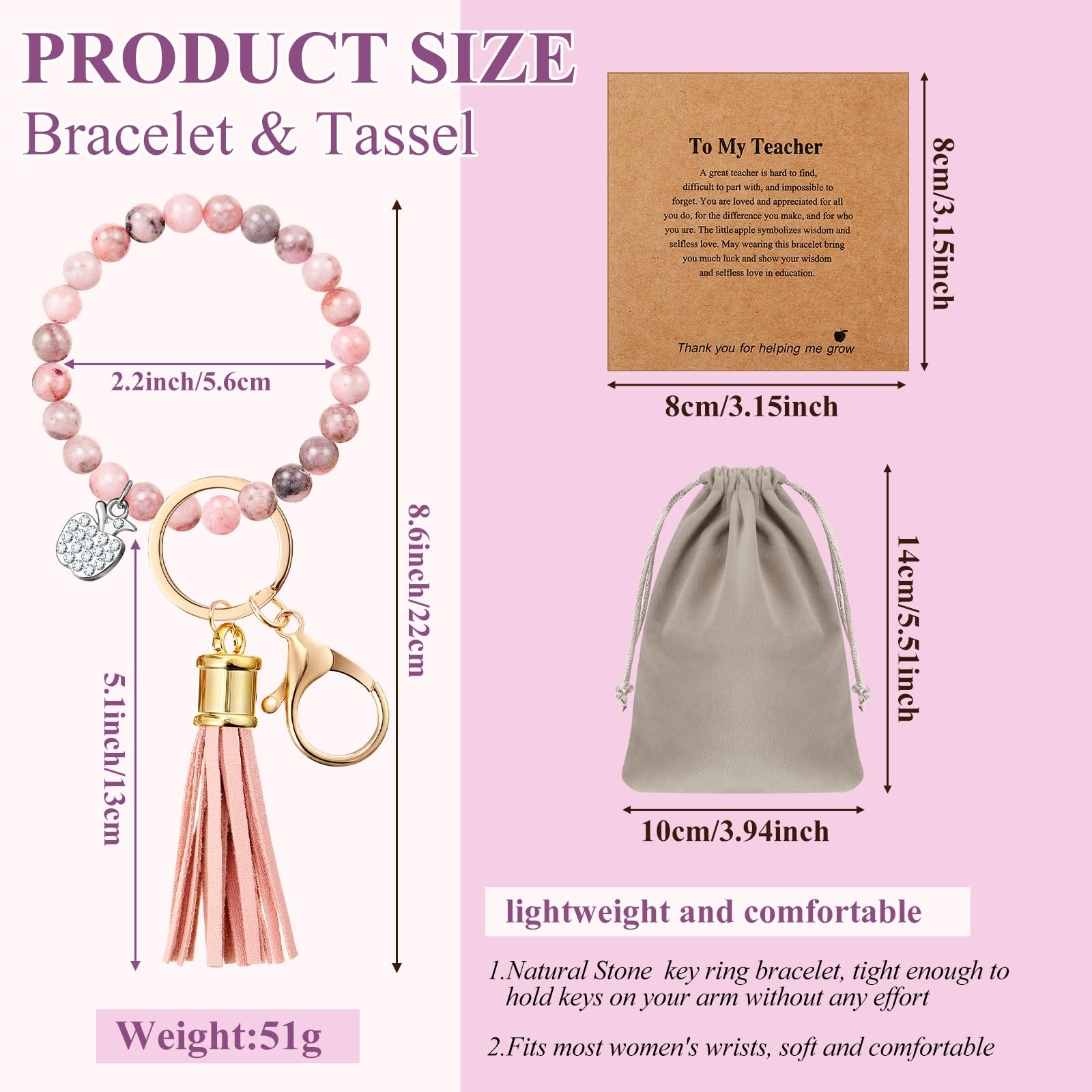 Landical Teacher Appreciation Beaded Bracelets Keychain Gifts in Bulk for Women Silicone Keychain Thank You Message Card(4 Sets,Natural Stone)