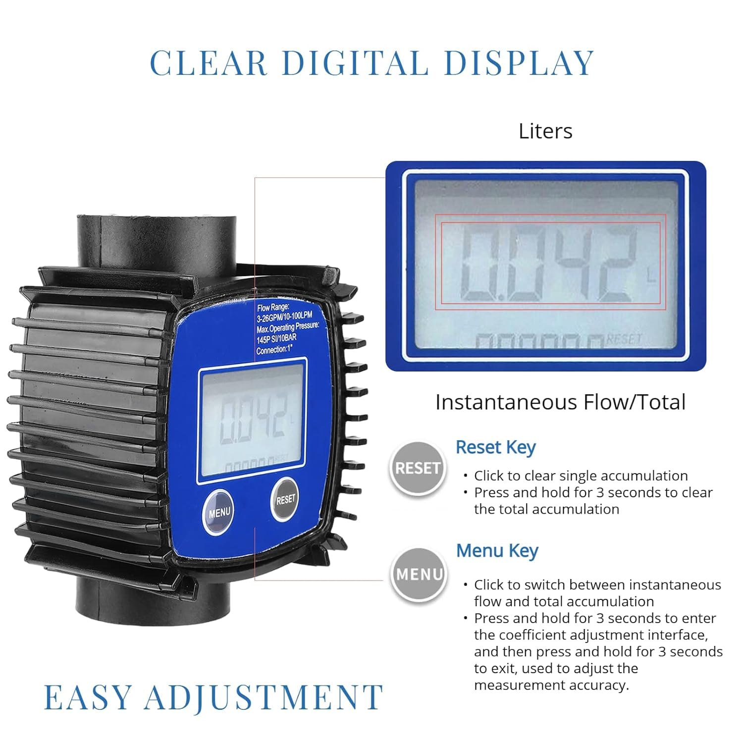 Medidor de Flujo Digital 1 Pulgada, Medidor de Flujo Diésel de Agua de Alta Precisión con Pantalla Digital y 1 Pulgada de Rosca Interna 5-120 litros/Minuto para Gasolina, Urea, Líquido