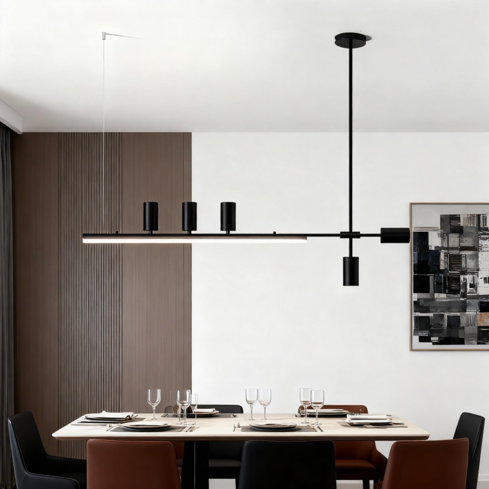KXEcoLife Modern Black LED Dining Room Pendant Lights Minimalist Dimmable Chandelier with 5 Spotlights Adjustable Linear Ceiling Hanging Lamp for Kitchen Island Living (Black(150cm))