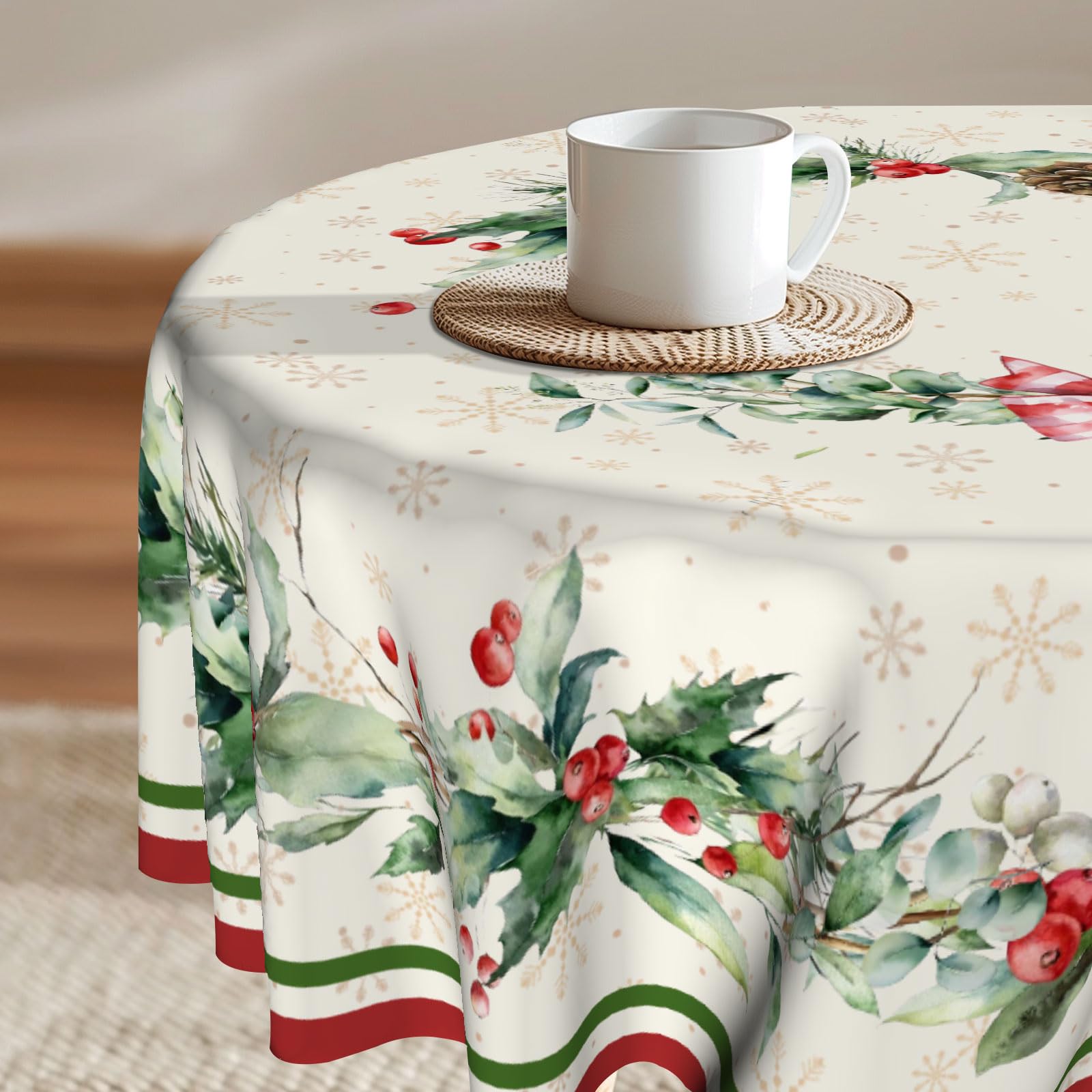 Imiss Christmas Holly Round Tablecloth Winter Snowflake Wrinkle Resistant Table Cloth Xmas Red Bird Decor Table Cover for Winter Holiday Home Kitchen