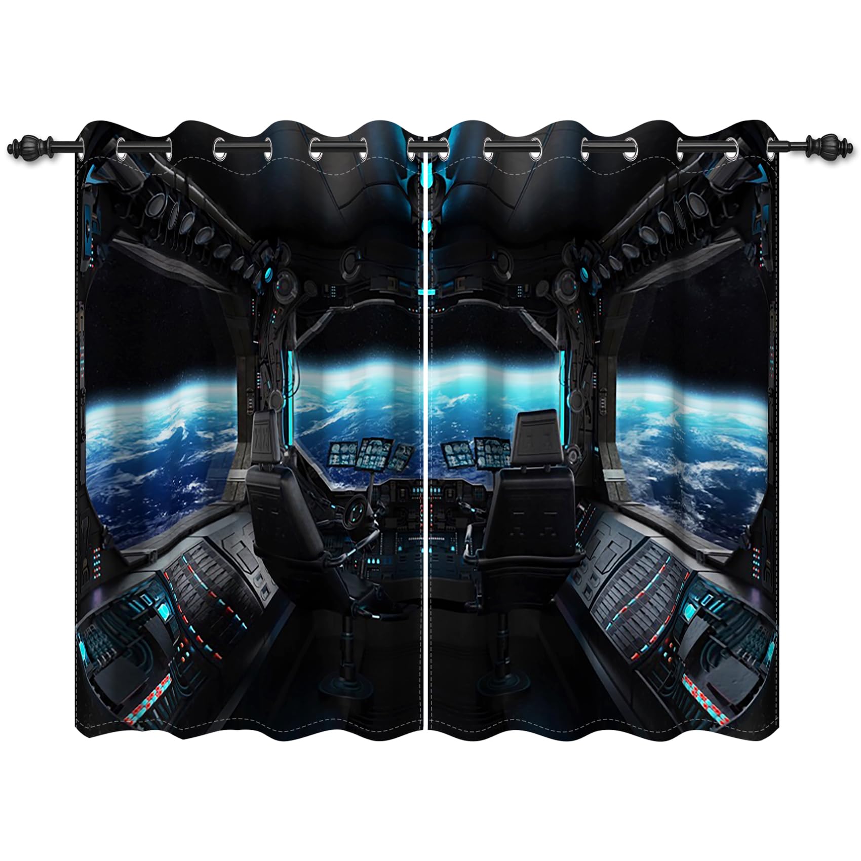 Renaiss Spacecraft Interior Window Curtains Futuristic Spaceship Cockpit Window Treatments Outer Space Earth View Blackout Drapes for Bedroom Living Room French Door Decor 42x63 Inches x 2 Panels
