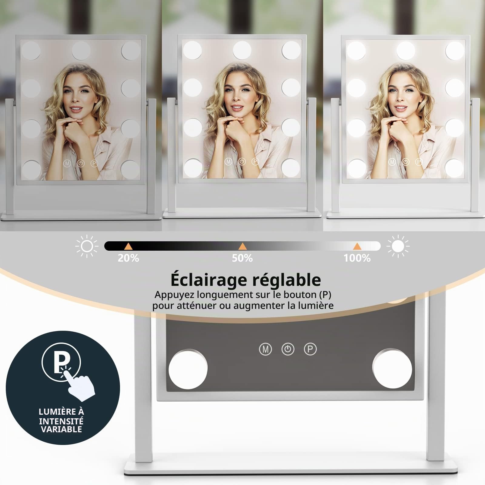 TUREWELL Miroir de Maquillage hollywoodien avec lumières, Grand Miroir de courtoisie éclairé avec 3 Couleurs de lumière et 9 Ampoules LED à intensité Variable, écran Tactile Rotation à 360 degrés