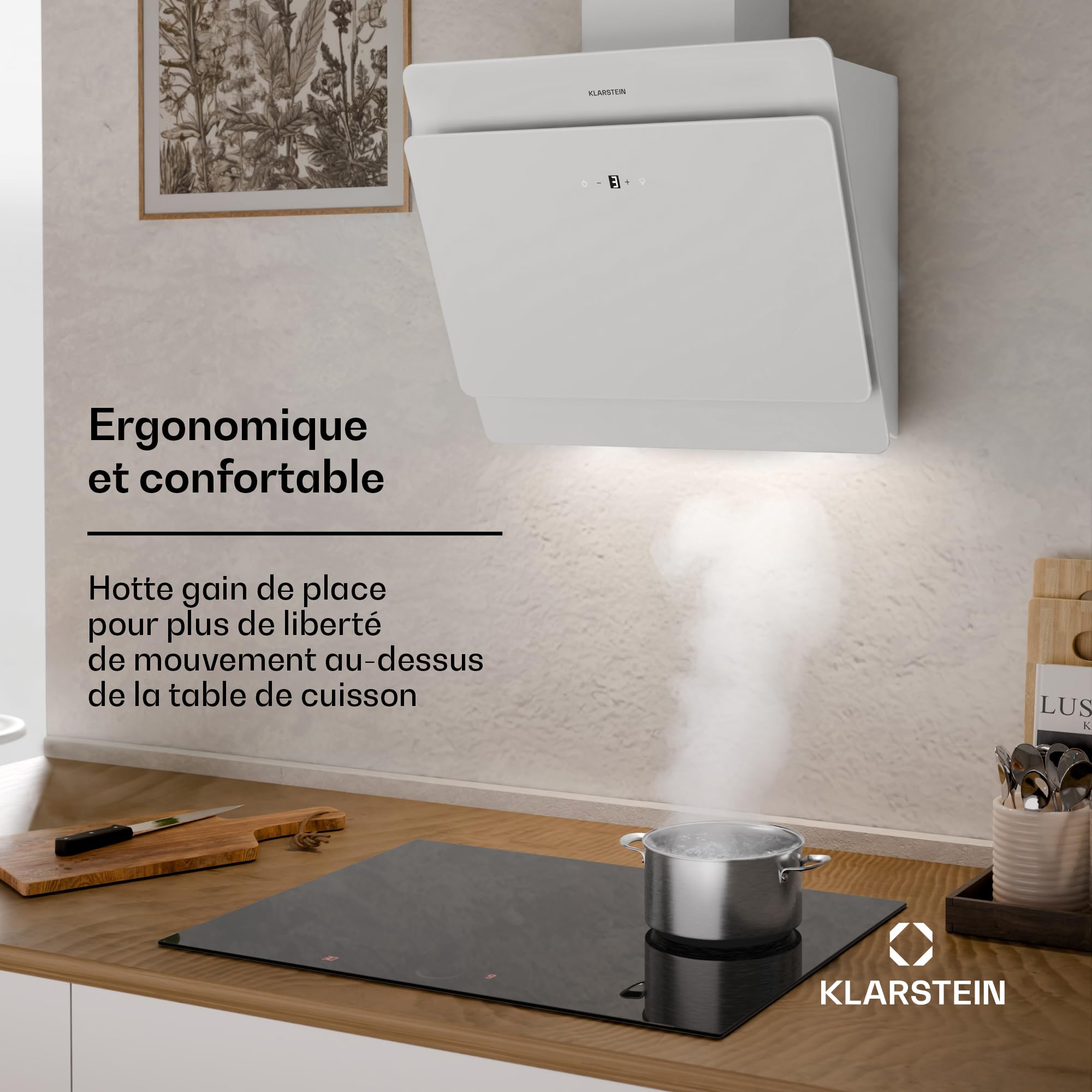 Klarstein Hotte Aspirante 60cm, Hottes de Cuisine Inclinées, Filtre de Hotte en Aluminium, Débit d'Air Puissant 607m³/h, LED, Ecran Tactile, Extracteur d'Air Silencieux, Efficace avec Evacuation