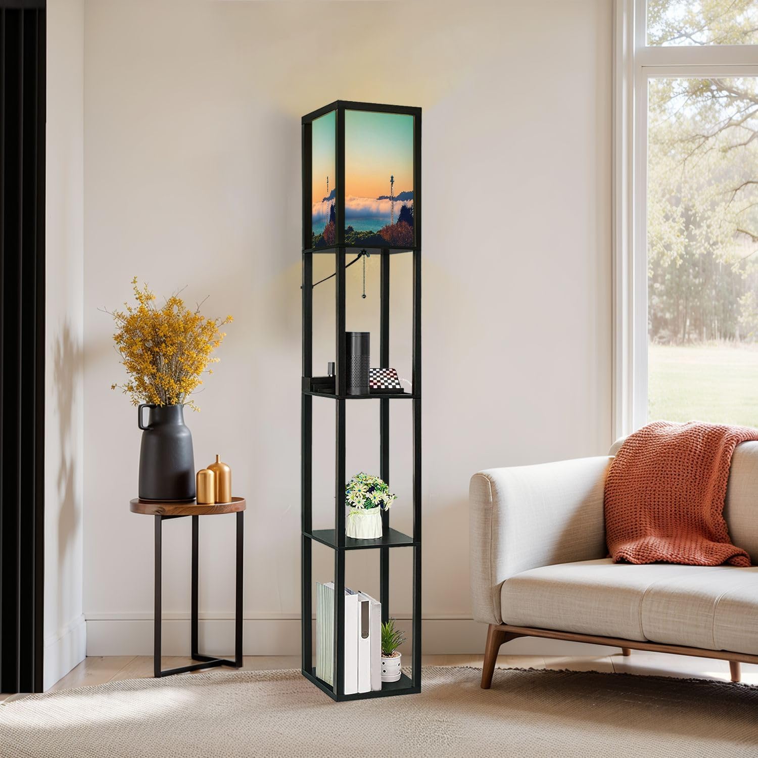 Floor Lamp with Shelves Tower San Francisco Sunrise Early Morning Blankets Standing Tall Lamp USB Ports & Power Outlet Modern Corner Lamp Nightstand Light for Living Room Bedroom