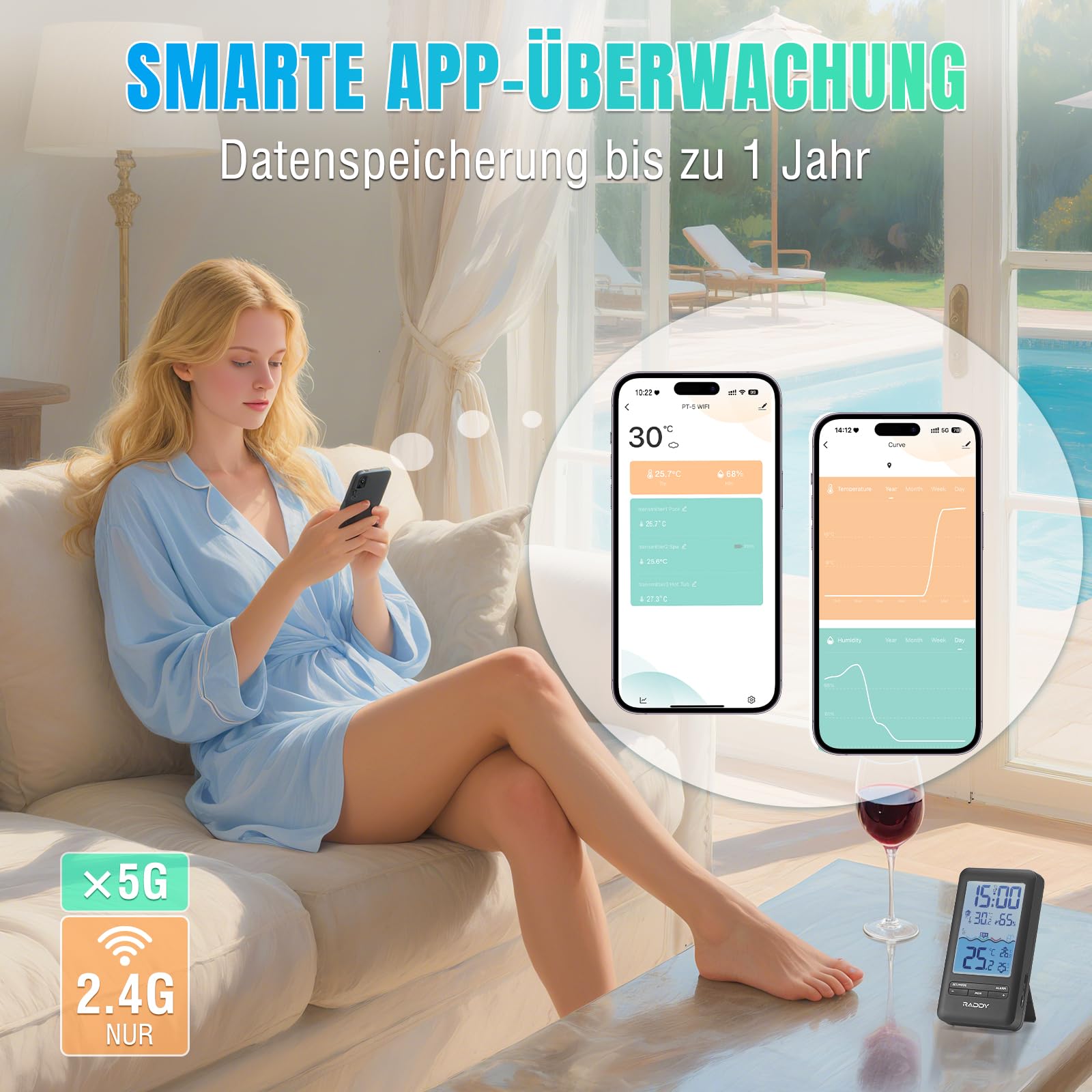 Raddy PT-5 WiFi Poolthermometer, Kabelloser Schwimmender Sensor mit Innenanzeige, App-Fernüberwachung, IPX8 Wasserdicht, Solar- und USB-C-Aufladung, für Pool, Whirlpool, Spa