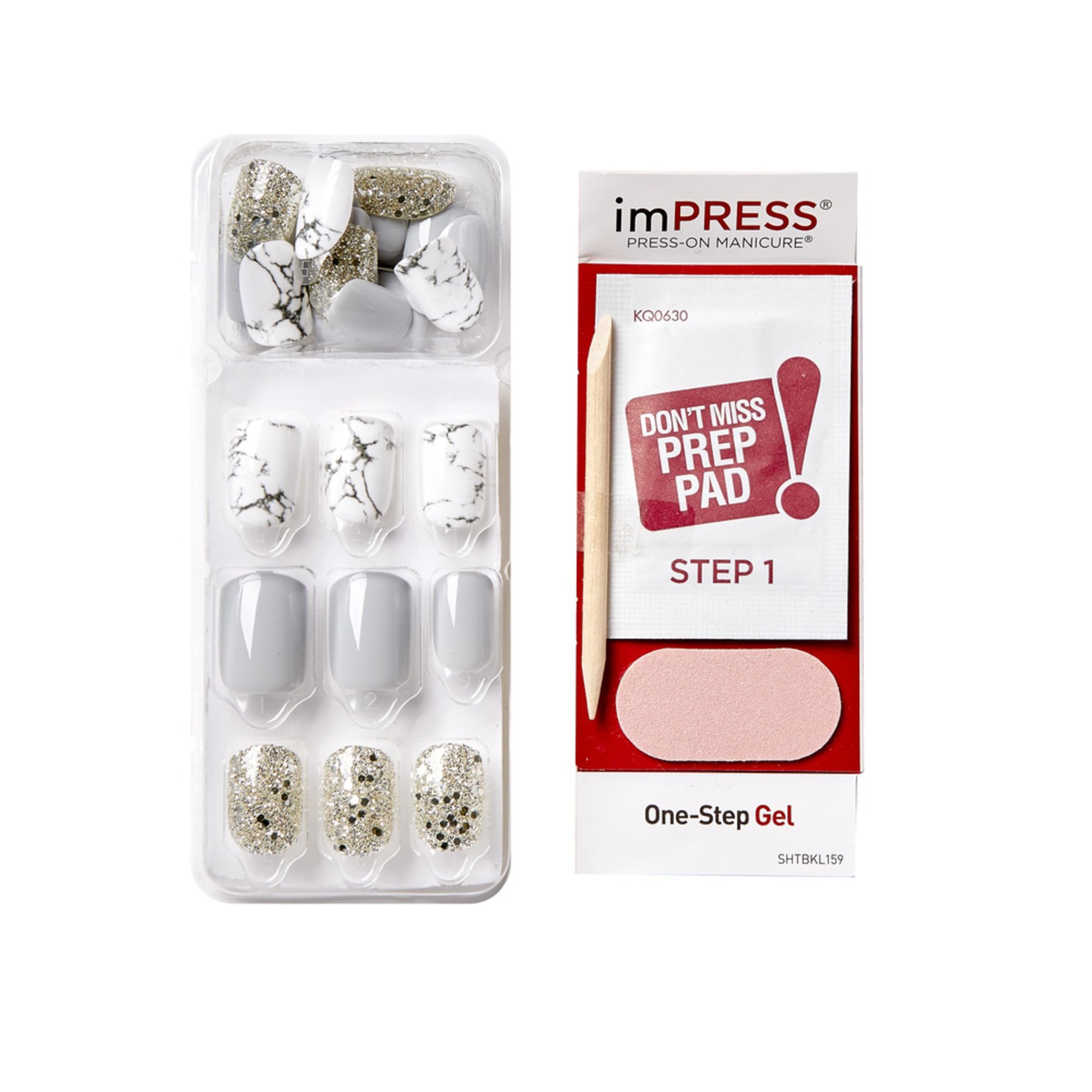 KISS imPRESS Manicure, Knock Out, sztuczne paznokcie samoprzylepne, kwadratowe, krótkie, z technologią PureFit, 30 sztucznych paznokci, mini pilnik, patyczek do skórek, instrukcja