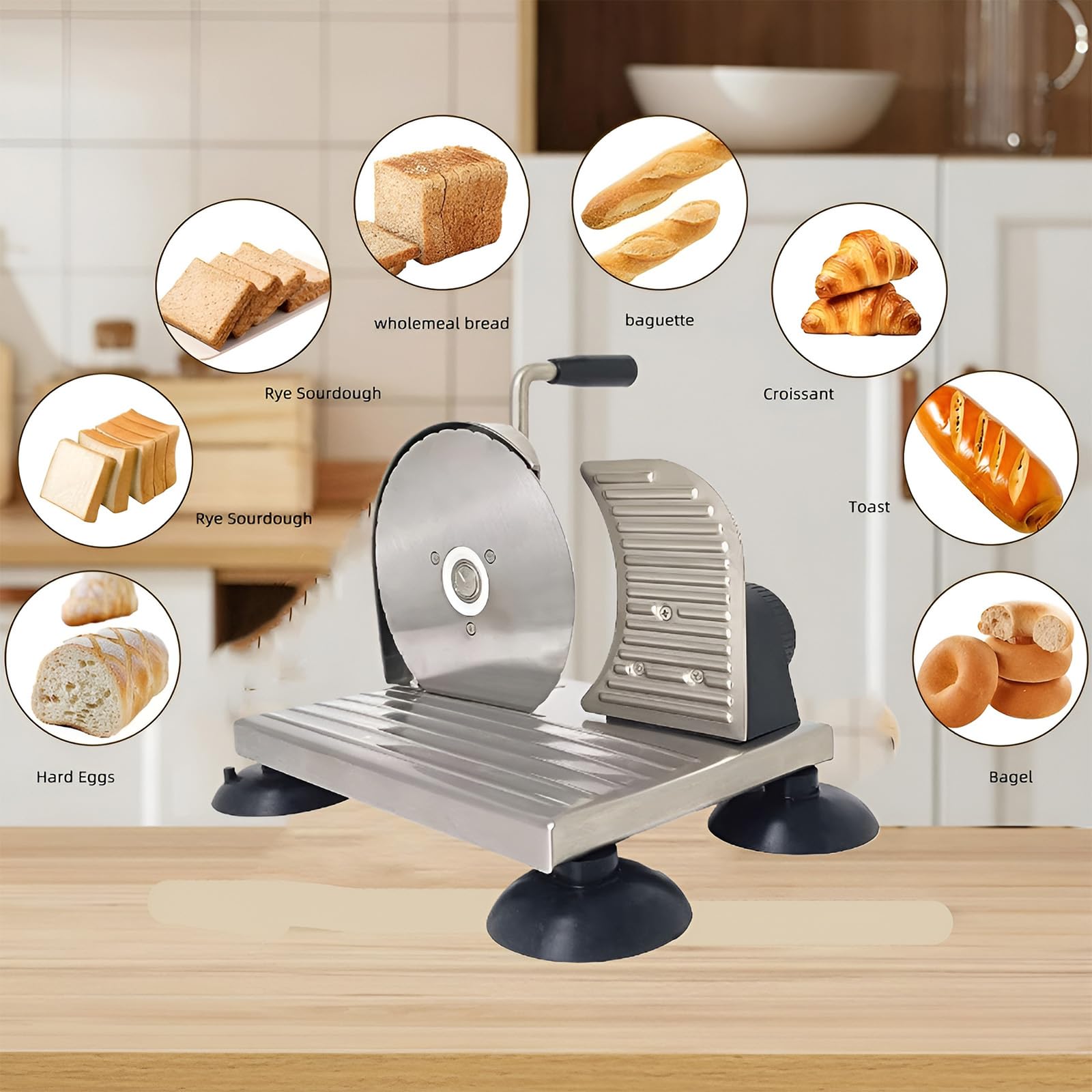 Cortador manual de pan con grosor ajustable, cortador de manivela para masa madre casera y pan sándwich, rebanadas uniformes con escala y base de succión