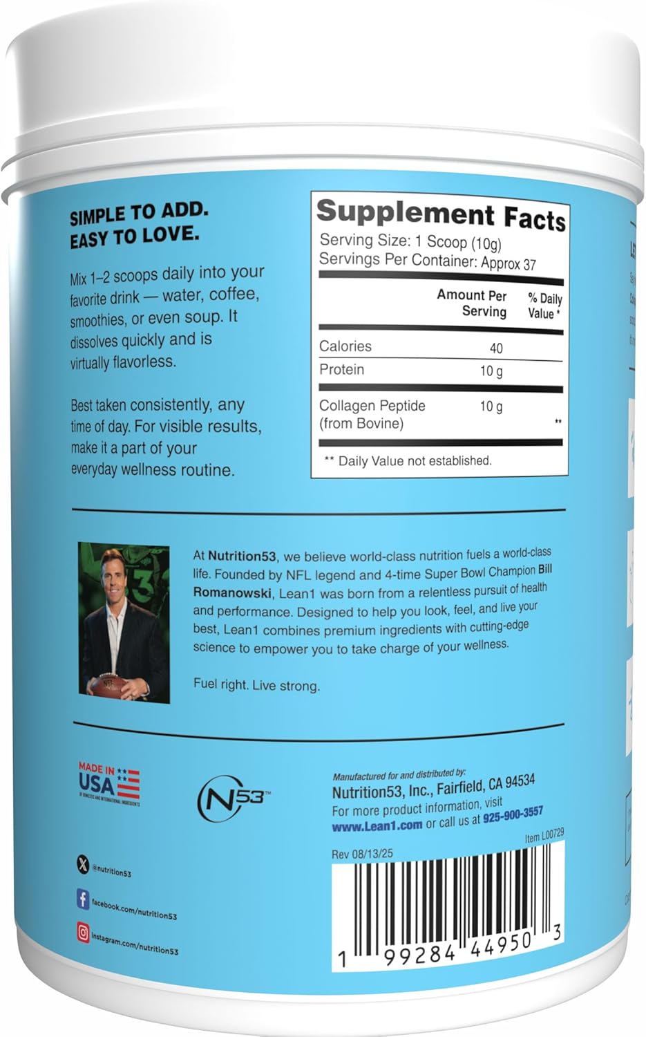 N53 Lean1 Hydrolyzed Collagen Peptides, 37 Servings, unflavored - Image 2