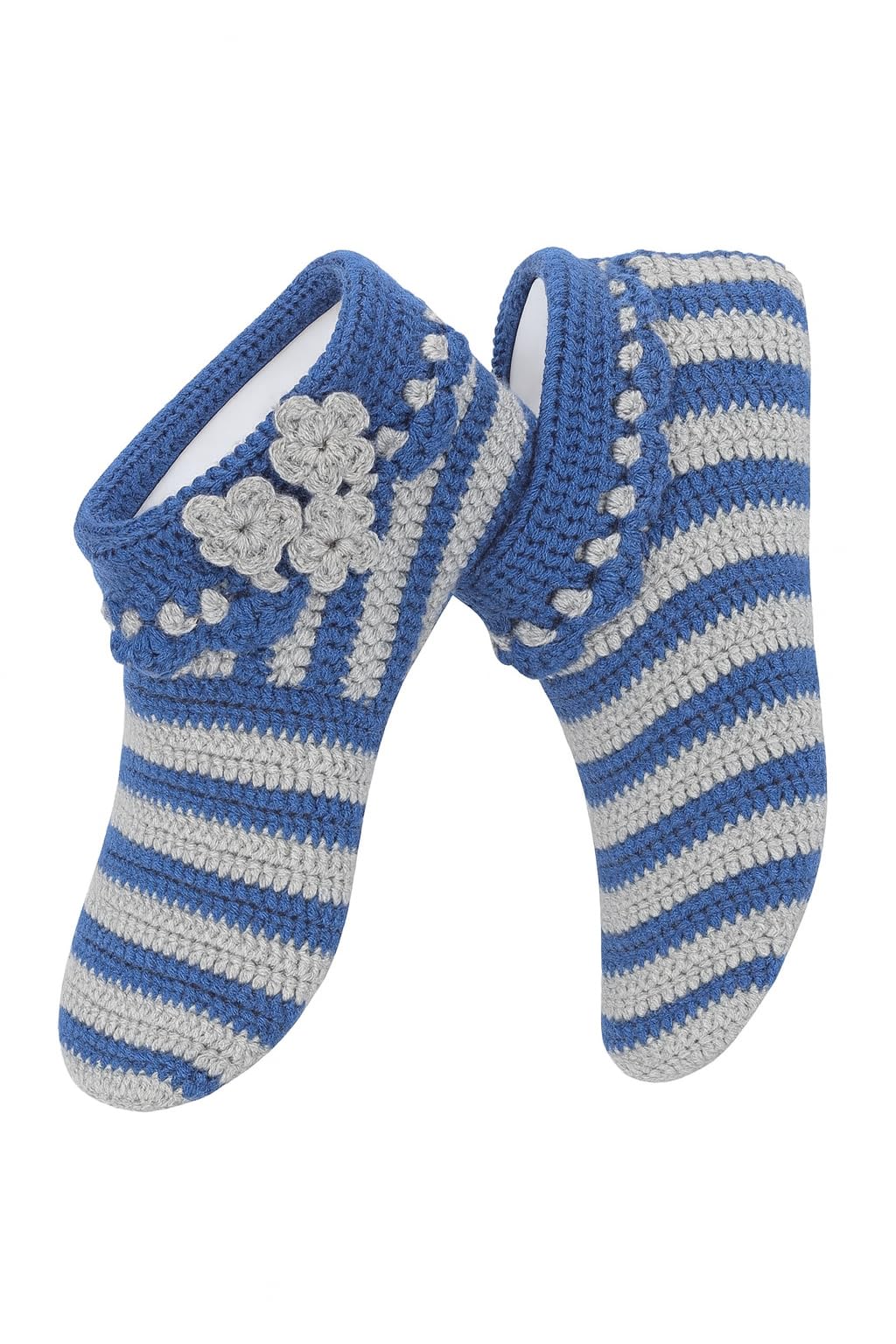 Handmade Winter Crochet Wool Socks, Blue and Grey Striped Pattern with Floral Design, Warm Knitted Footwear-picture-21