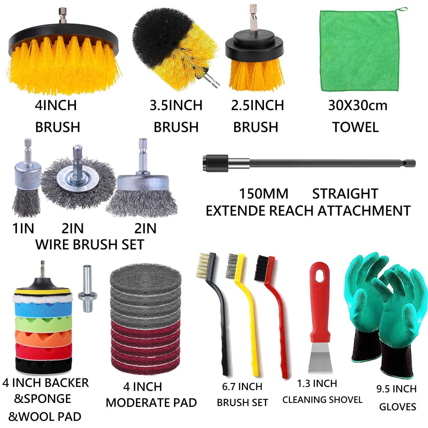 30-Piece Drill Brush Attachments Set - Includes Scrub Pads, Sponge Pads, Wire Brushes & Extension Rod - Multi-Surface Cleaning for Bathroom, Floor, Car, Grill & More