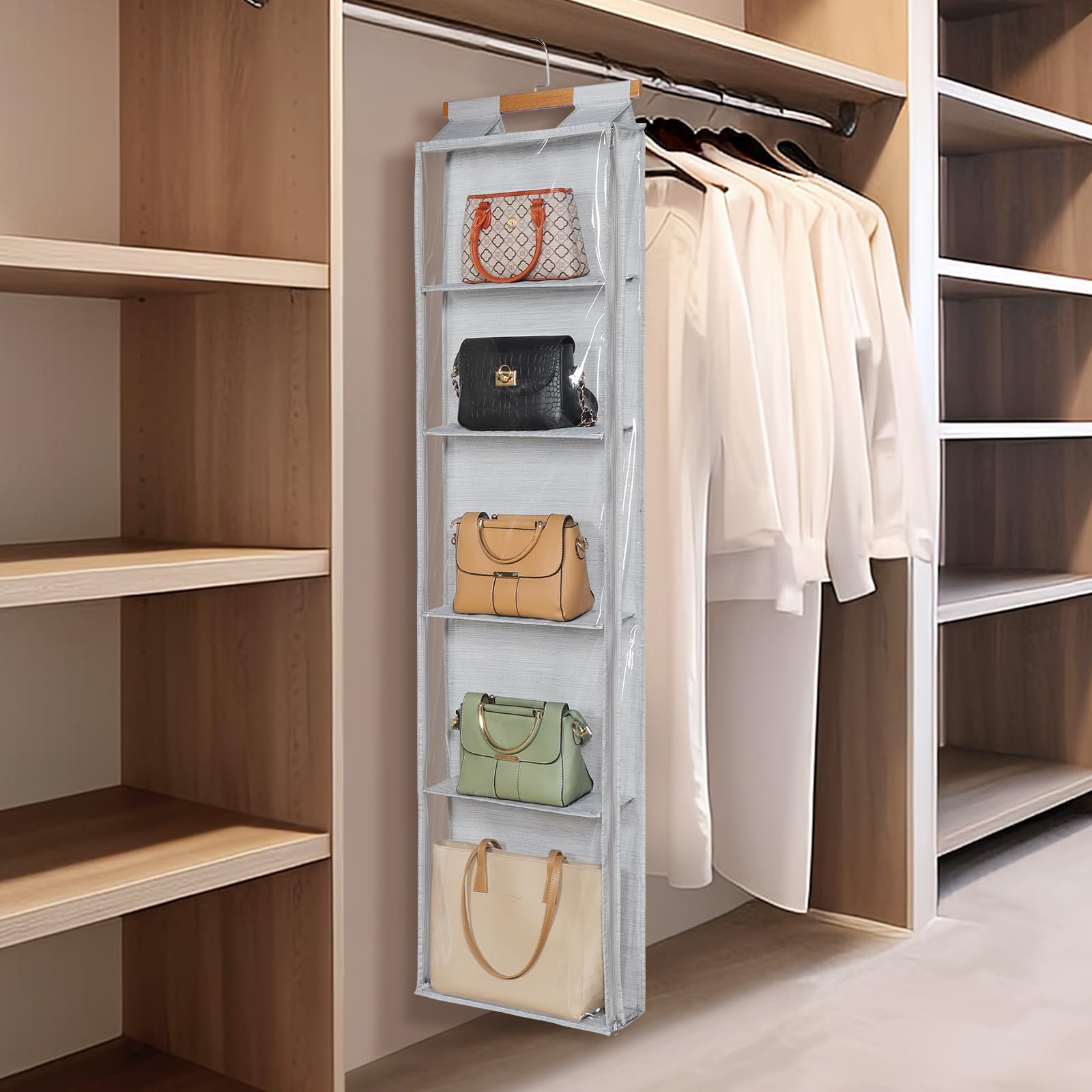 Syeeiex Hanging Handbag Purse Organizer with Zippers, 5 Mesh Shelves,Clear Slubbed Fabric+PVC Hanging Closet Bag Organizer, Dustproof Handbag Closet Tote Storage Bag for Door, Wardrobe, Shelf Rack: Beige-4 Shelves